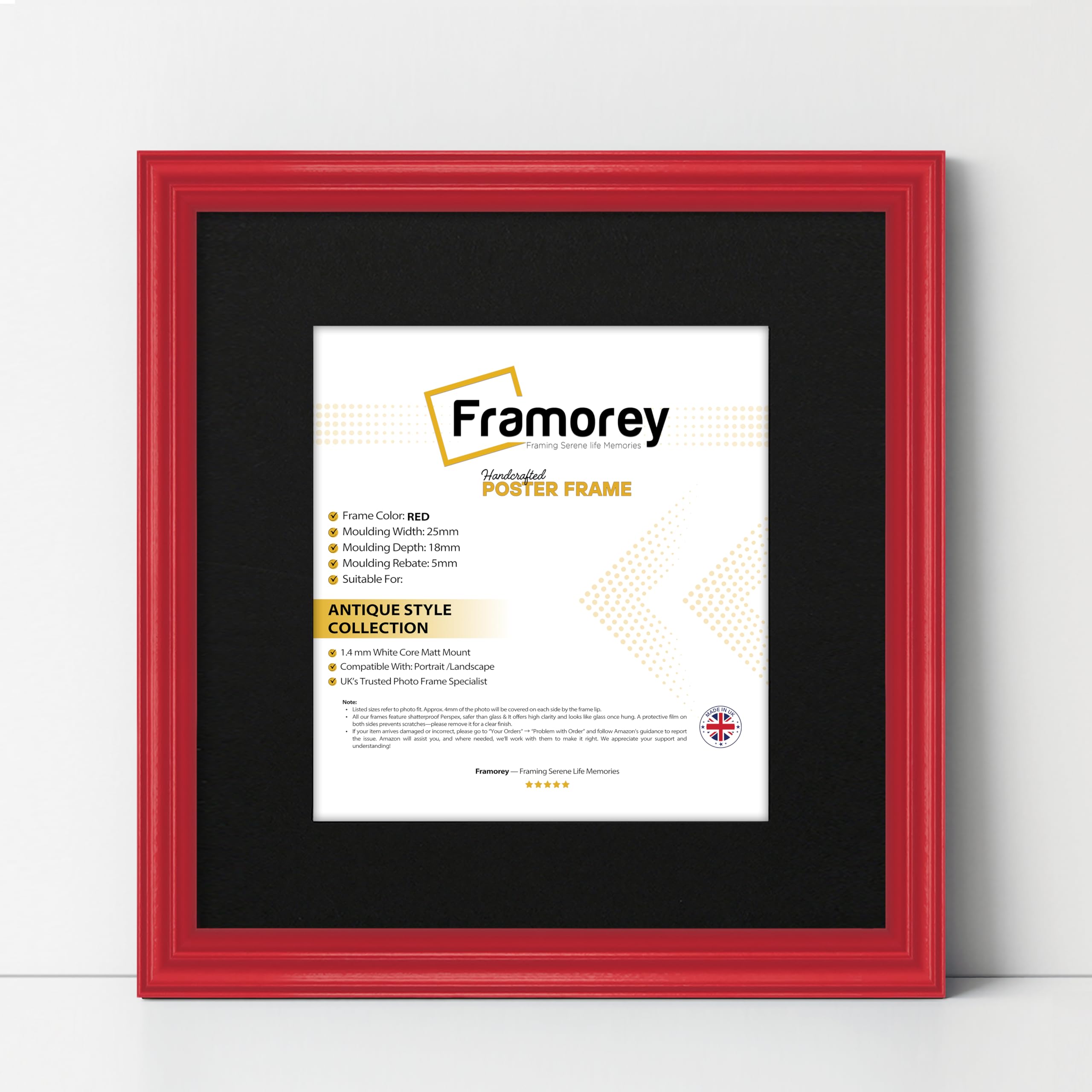 FRAMOREY Square Photo Frames, 45x45CM Size Red Picture Frame With 35x35CM Size Black Mount, LW Antique Style Home Wall Decor Frames, Wall Hanging Art Poster Frames, MDF Wood Frames