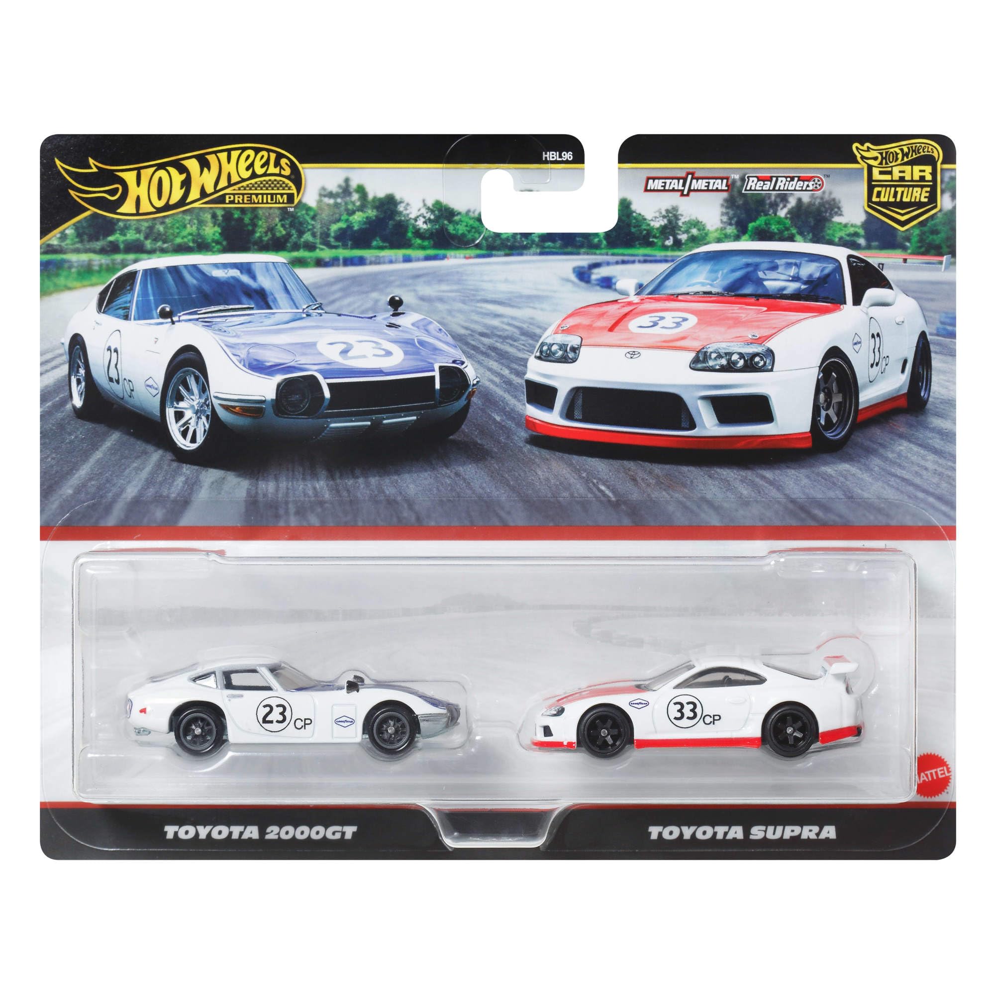 Hot Wheels Premium Kultowe auta Toyota 2-pak samochodów w skali 1:64, wyjątkowe połączenia, opony Real Riders, metalowa konstrukcja, zestaw auta dla kolekcjonerów, JBL03