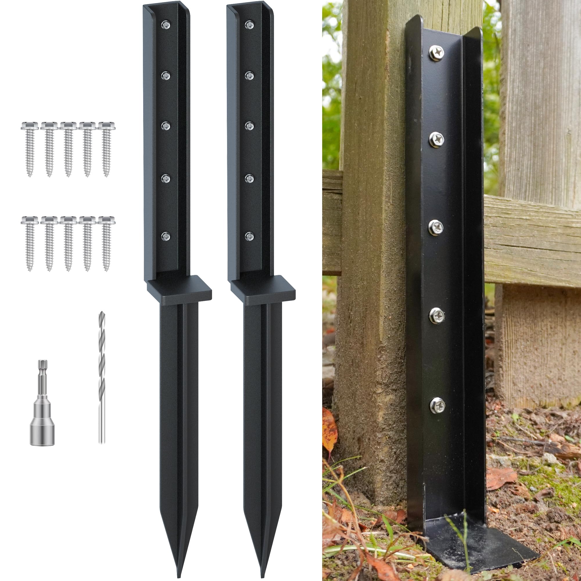 One-Piece Fence Post Repair Kit 2-Pack Heavy Duty Post Anchor 32in Metal Sturdy Ground Stakes for Repairing Tilted and Broken Wooden Fence, Black