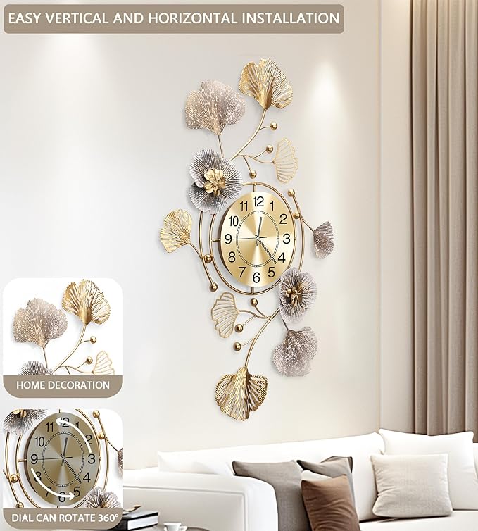 Reloj de Pared Grande 3D Silencioso de Metal con Diseño Hoja de Ginkgo miniatura 4