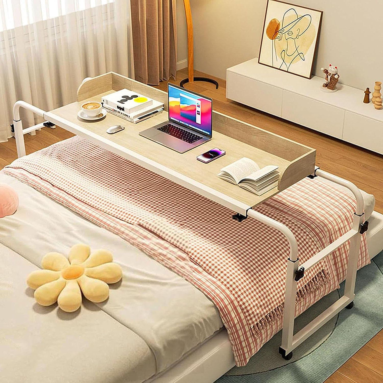 GXQFC Over Bed Desk Adjustable 115-210cm, Rolling Medical Table Mobile Laptop Cart Computer Desk Height Adjustable 65-95cm for Work Gaming Breakfast Applying Makeup(Color:Wood)