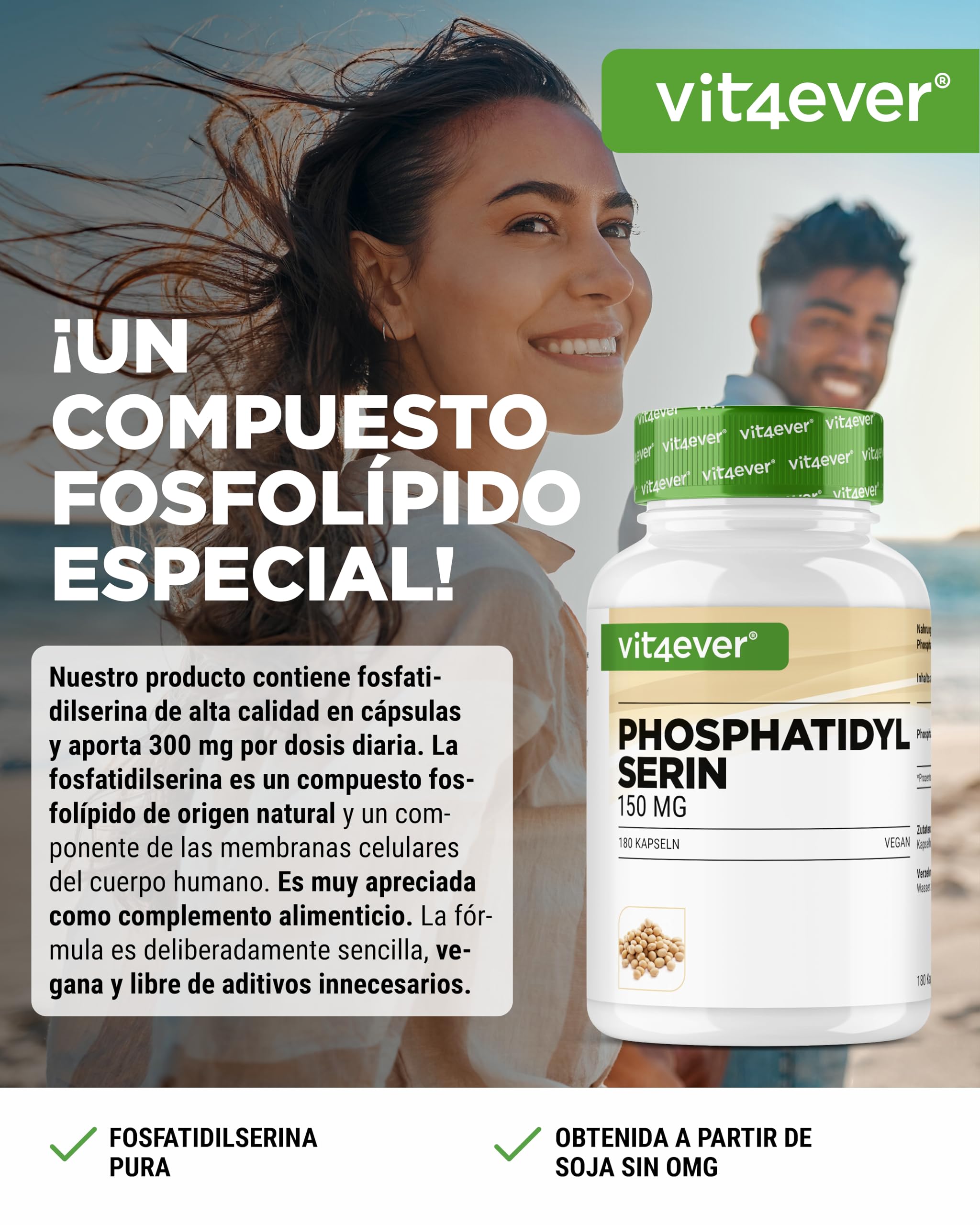 vit4ever Fosfatidilserina Cápsulas - 300 mg por Dosis Diaria - 180 Cápsulas - Alta Dosis - Fosfolípido PS - Vegano - Sin Aditivos Innecesarios