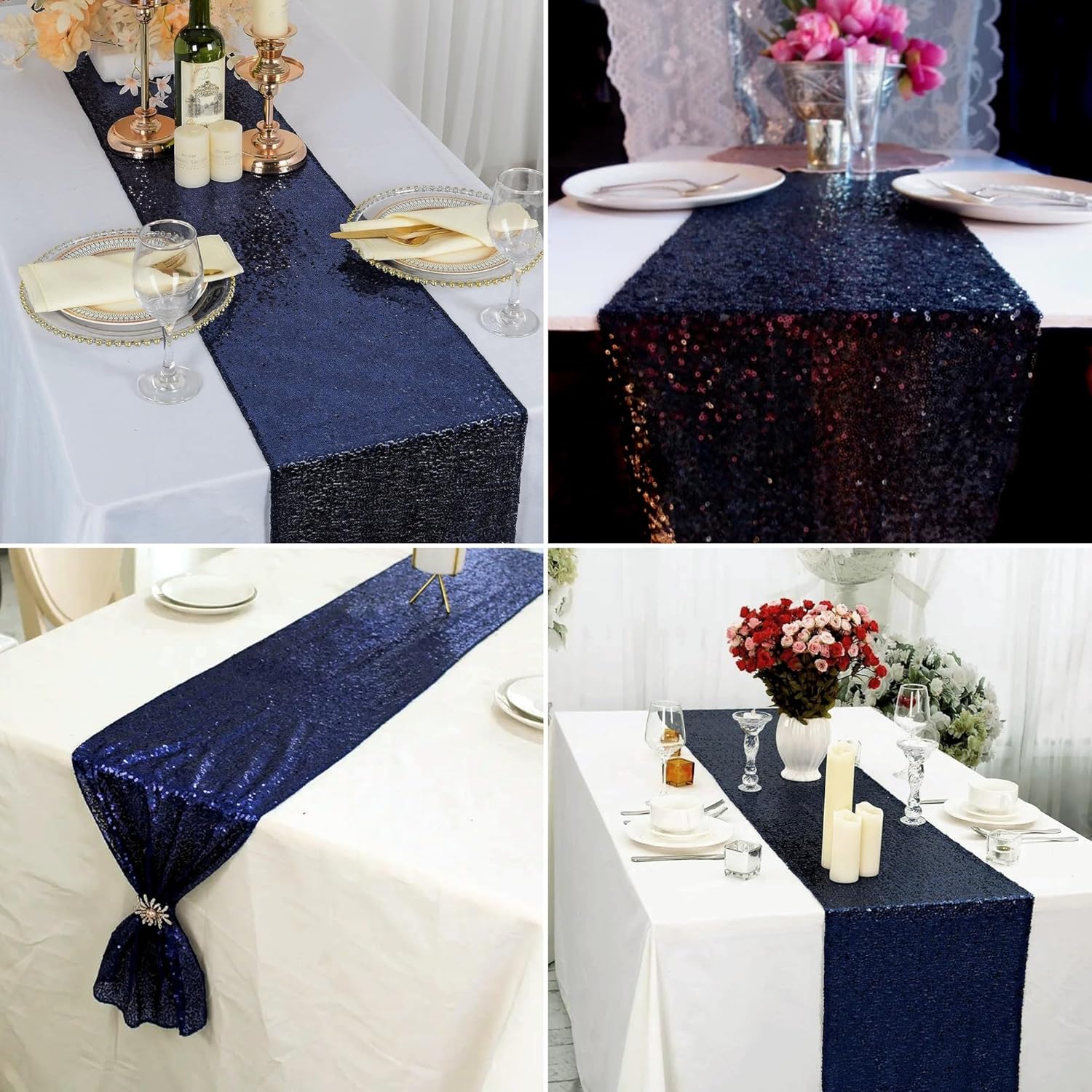 15 Pack Navy Blue Table Runner Sequin Table Runner Sparkly Metallic Sequin Runner Coffee Table Runners for Wedding Engagement Birthday Party Dining Baby Bridal Shower Fall Home Holiday Table Decor