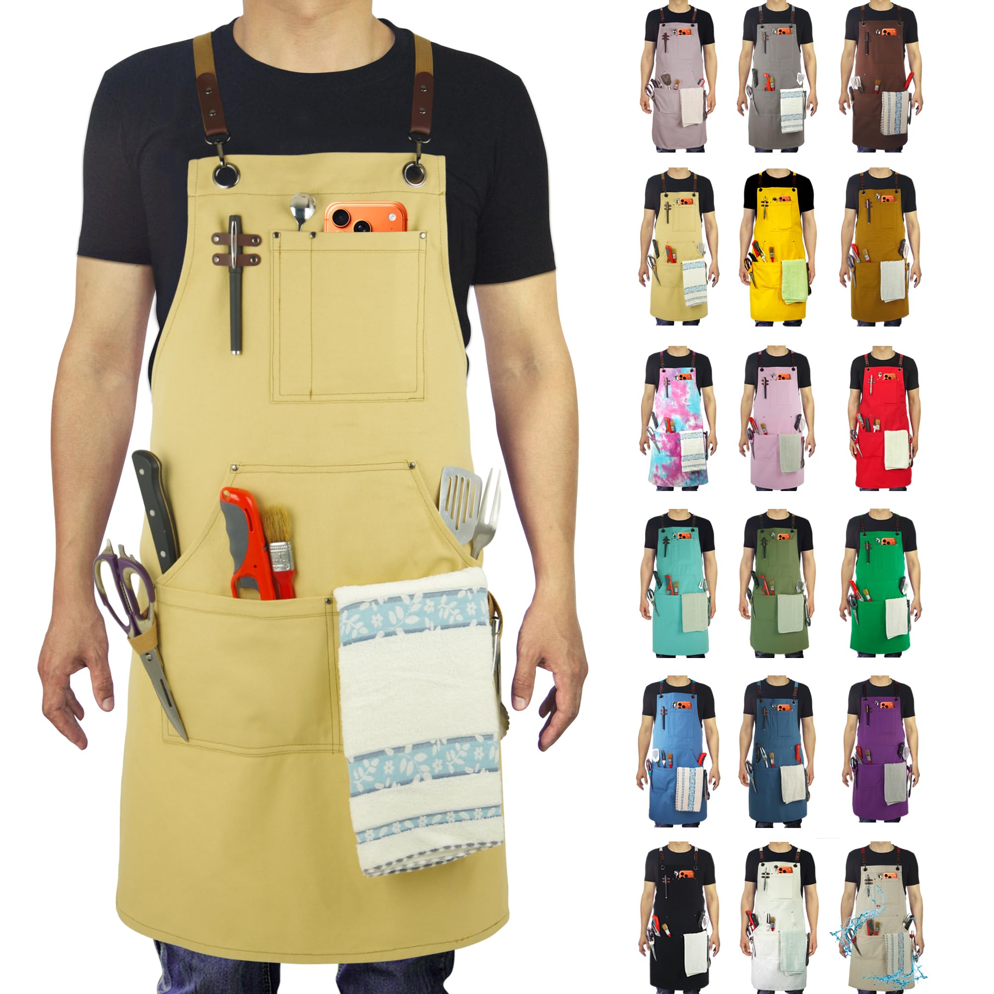Stenffy Kitchen Apron, Work Apron, Canvas, Multiple Pockets, Gardening, Painting, BBQ, Artist, Carpenter, Sizes M to XXL, Amber