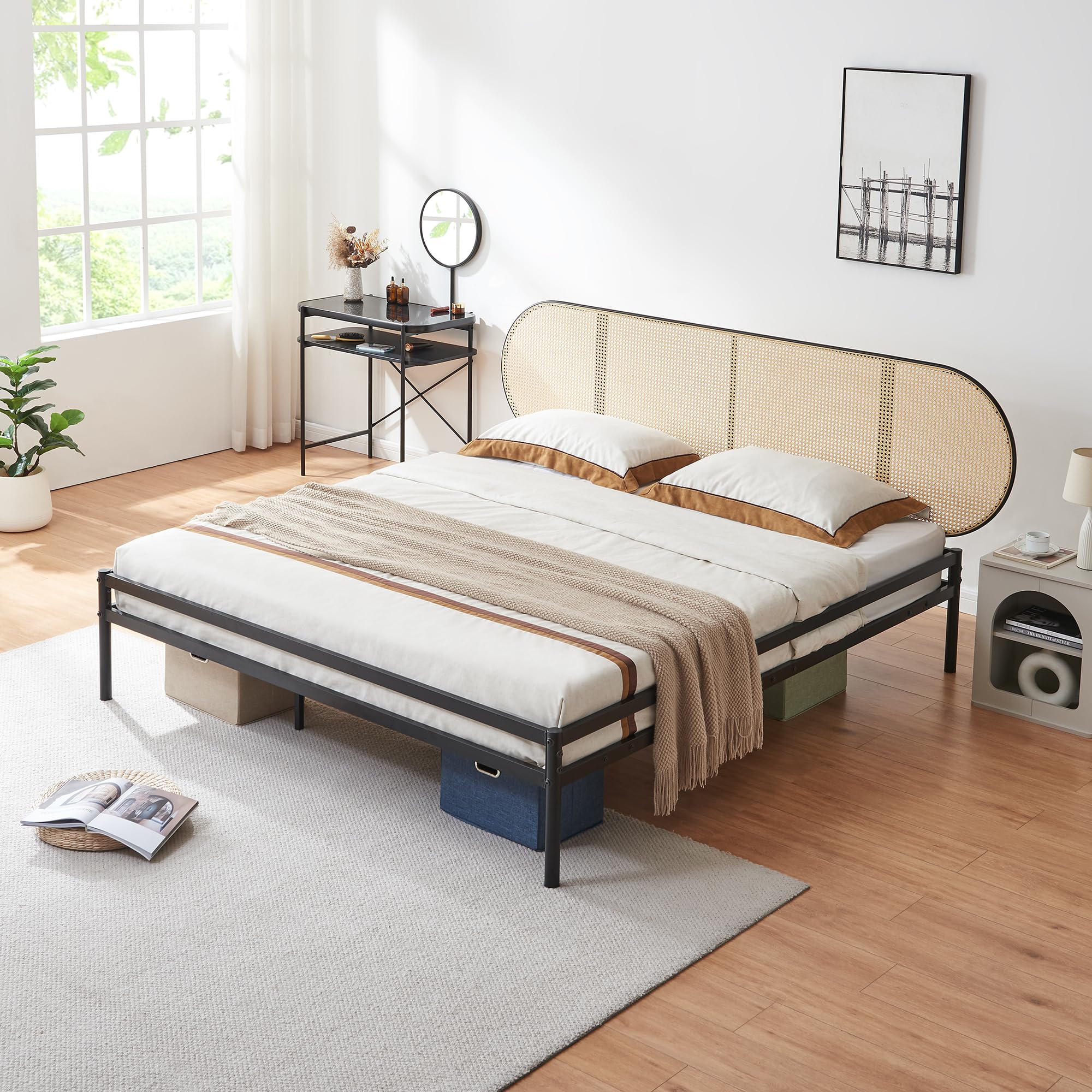 [en.casa] Bett Linköping 180 x 200 cm Bettgestell und Lattenrost Metallbett mit ovalem Kopfteil Doppelbett max. 300 kg Schwarz mit Rattanoptik