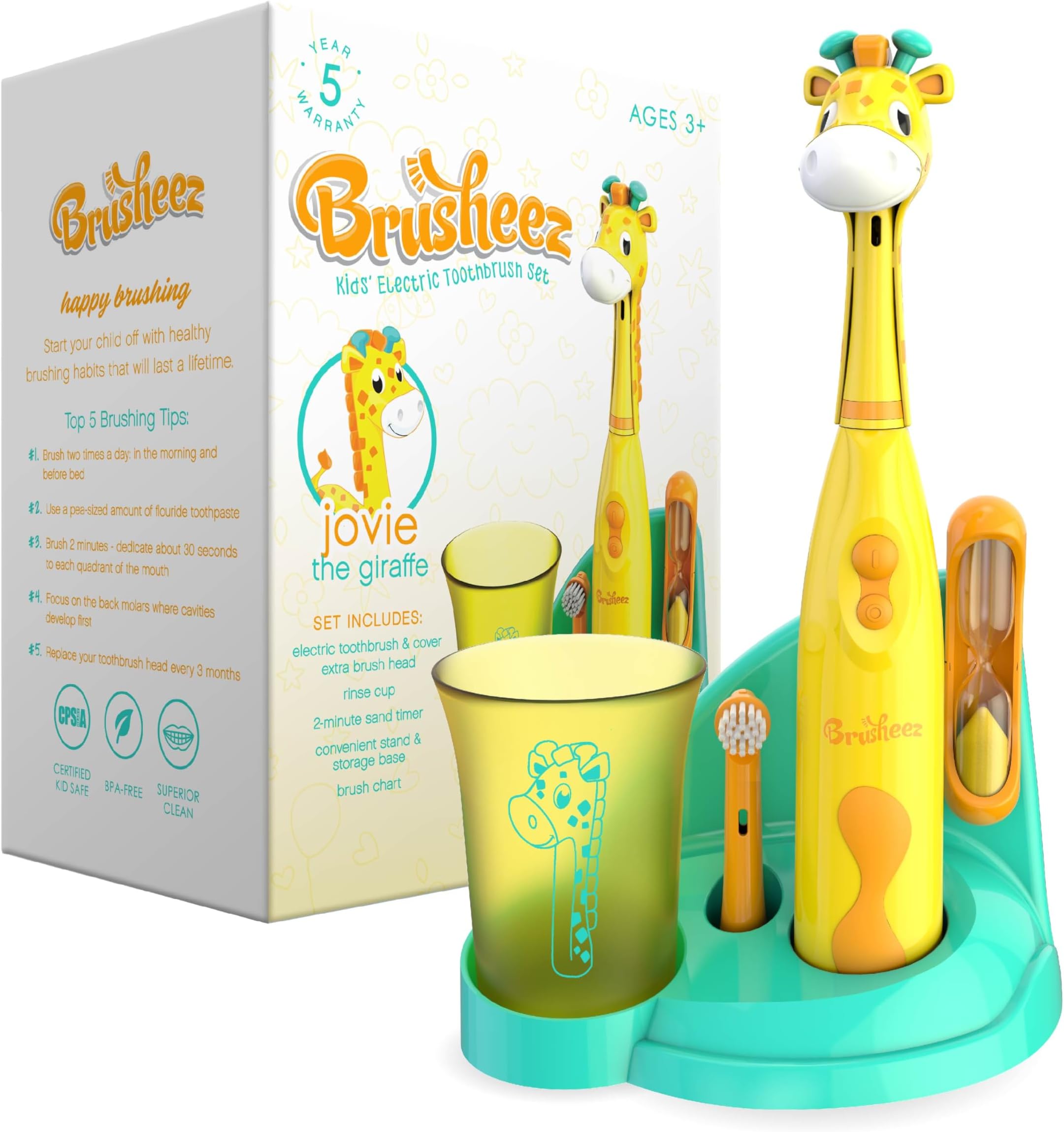 Brusheez® Kids’ Electric Toothbrush Set - Safe & Effective for Ages 3+ - Parent Tested & Approved with Gentle Bristles, 2 Brush Heads, Rinse Cup, 2-Minute Timer, & Storage Base (Jovie The Giraffe)