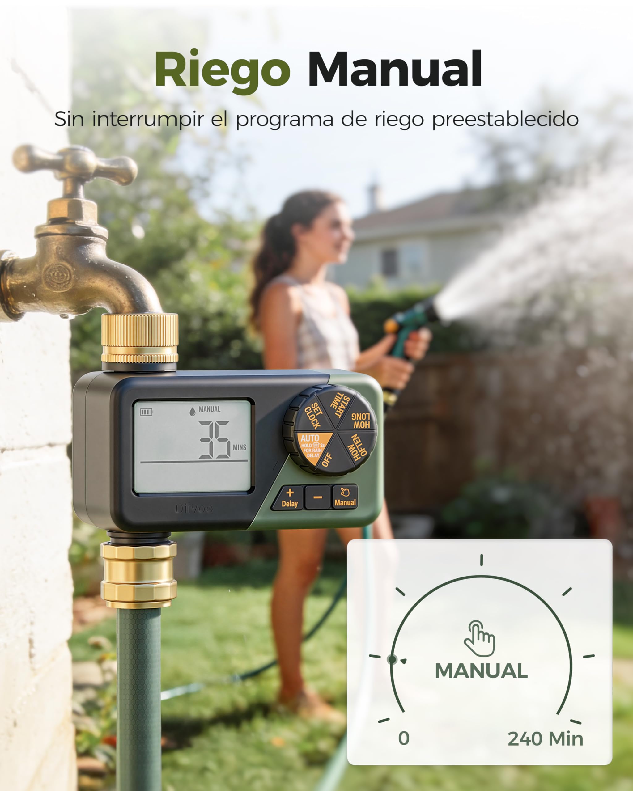 Diivoo Programador Riego con Entrada y Salida de Latón, Temporizador Riego Automatico con Impermeable IP66, Retraso por Lluvia, Riego Manual, Programador de Riego a Pilas para Jardín, Césped