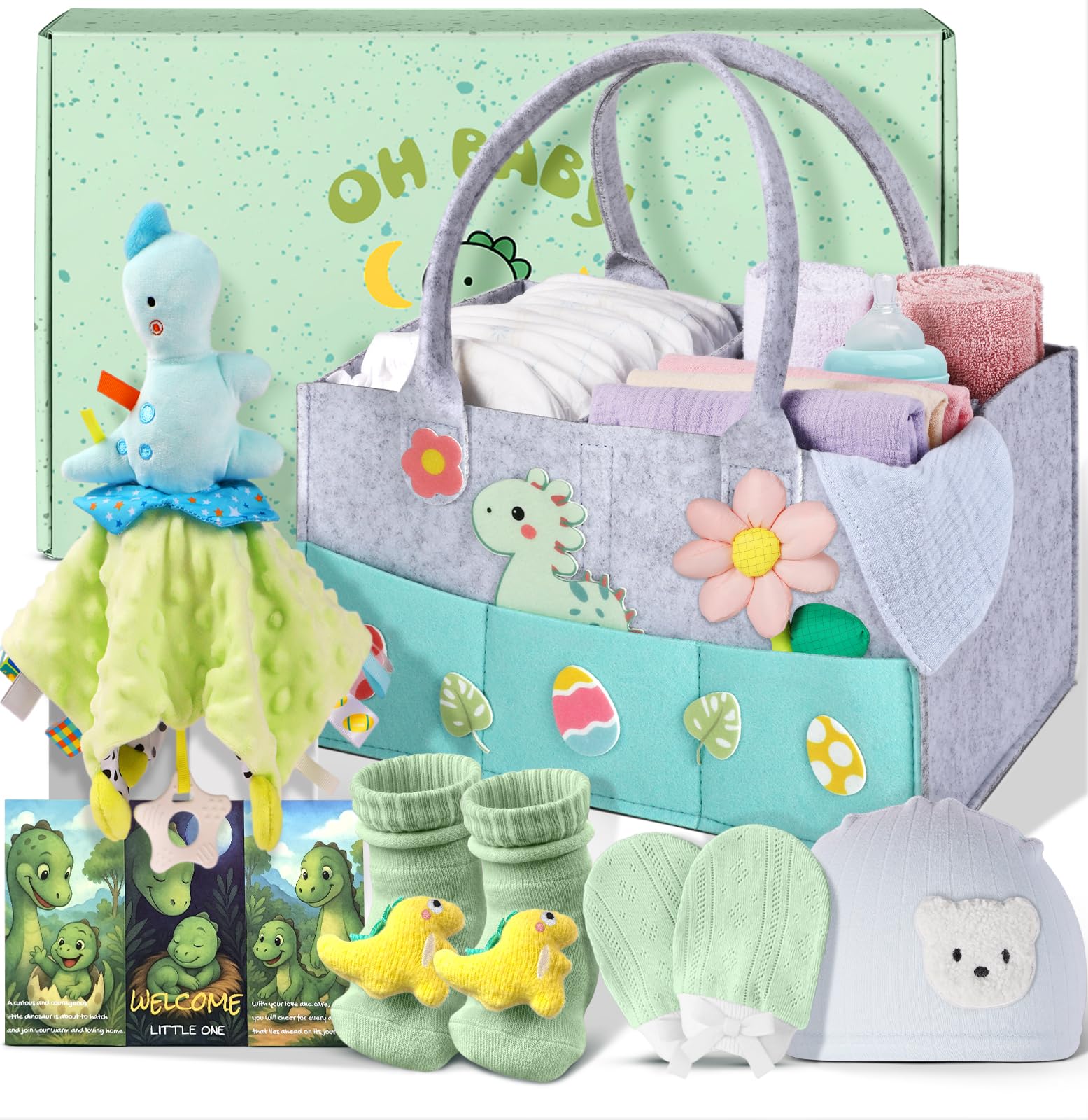 Canasta de regalo para baby shower de Coralogo, set de regalo para bebé, regalo de embarazo para nuevos padres, regalos para revelar el género, esencial para recién nacido con manta de seguridad, gorro suave, calcetines con babero y mitones para niño