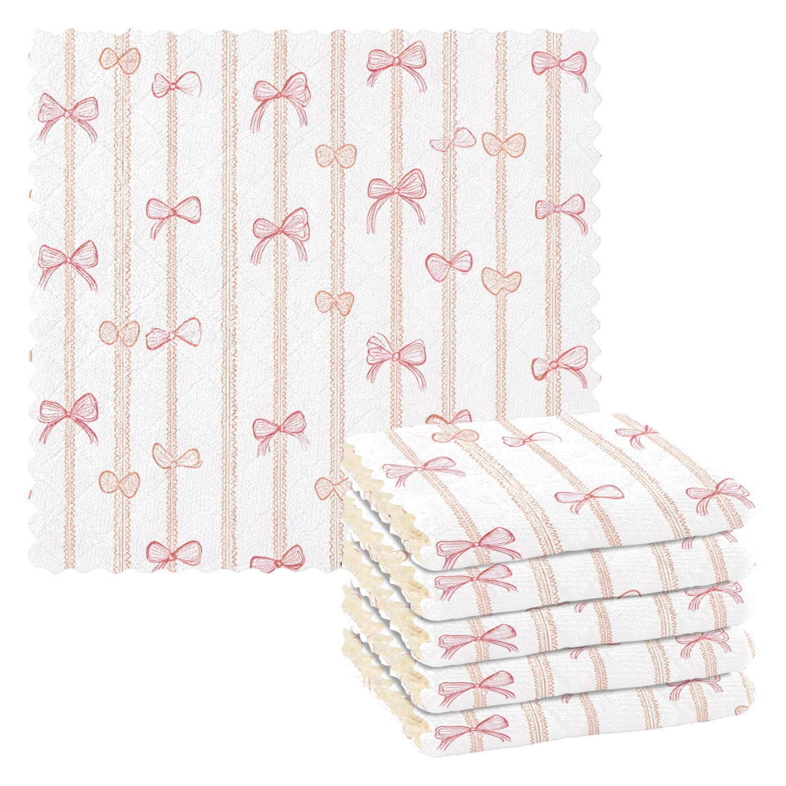 6 Pack Pastel Pink Bows Pattern Kitchen Cloth Dish Towels, Premium Dishcloths, Super Absorbent Cleaning Cloths, Nonstick Oil Washable Fast Drying Rags for Washing Dishes