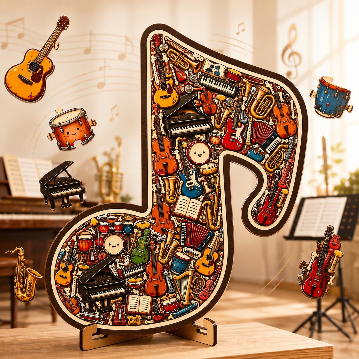 Musical Note Instrument Jigsaw Puzzle Ornament, 3D Wooden Music Note Puzzle, Stunning Display Art with Various Fragments Interior and Classic Musical NoteOuter, for Music Into Tangible Gift