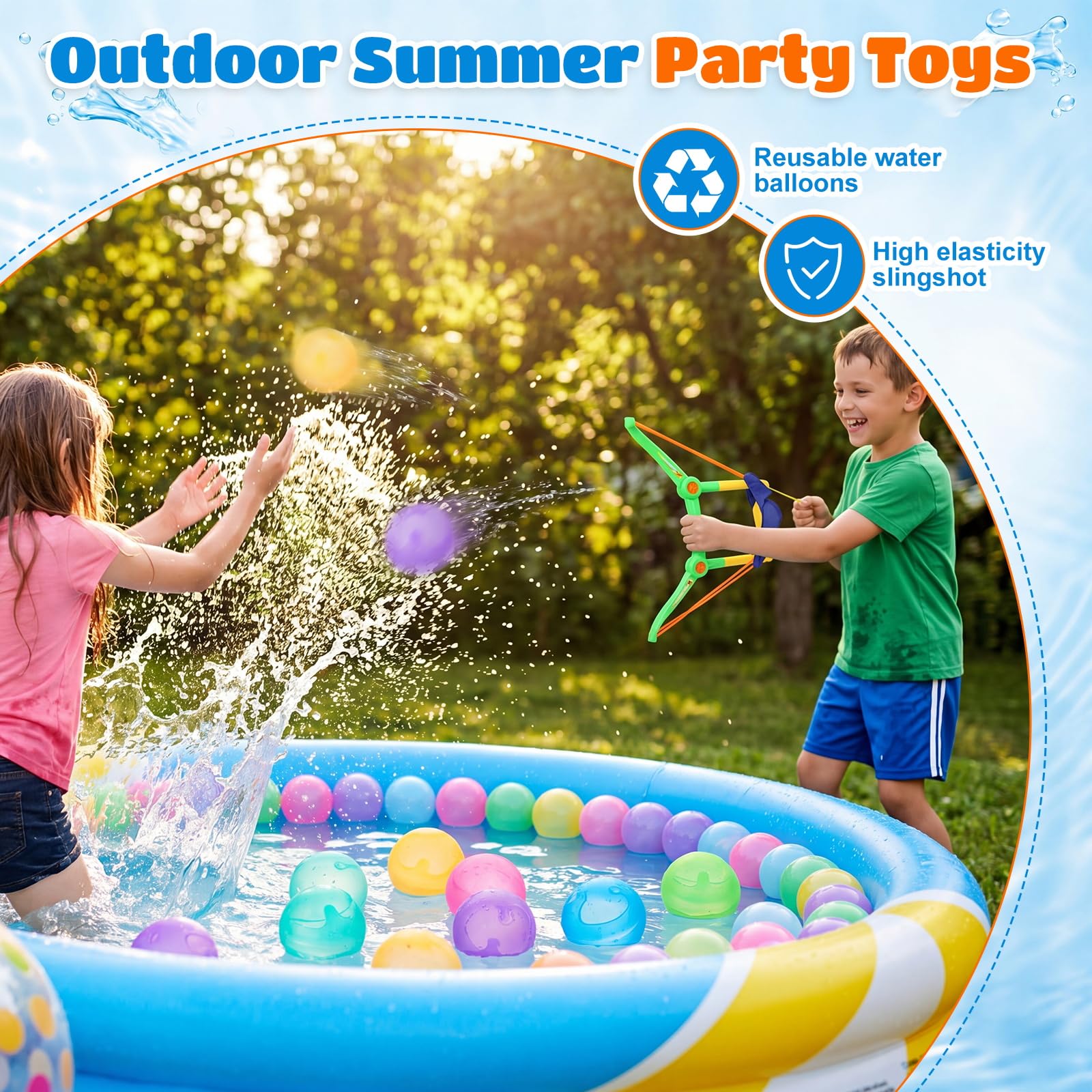 Soulchen Confezione da 2 fionde per lanciare palloncini d'acqua, con 8 palline in silicone riutilizzabili, giocattoli estivi per bambini, adolescenti, adulti, per spiaggia, piscina, prato, feste