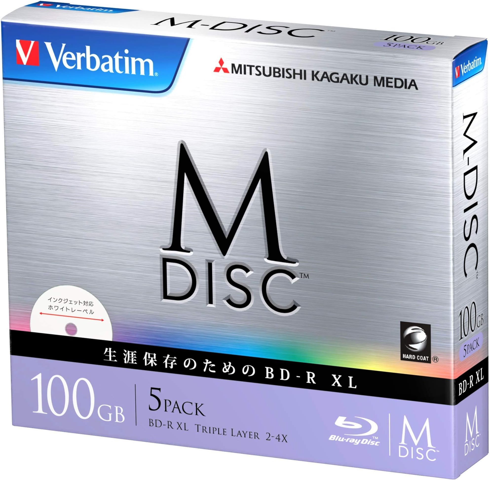 1000 Years Archival Verbatim M-Disc BDXL Inkjet Printable | 100GB 4x Speed | 5 Pack Jewel Case