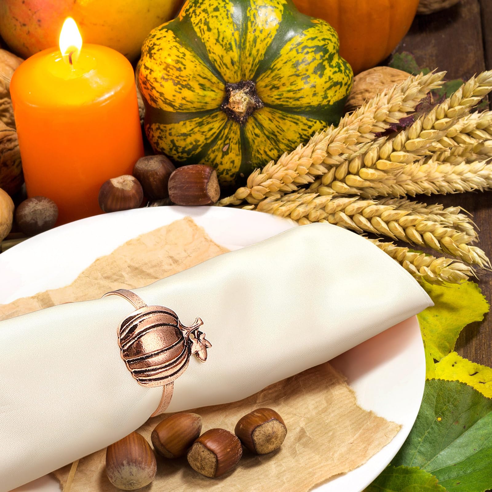 8 Piece Fall Thanksgiving Napkin Ring Set – Metal Leaf & Pumpkin Holders, Vintage Alloy, Table Decor For Holiday Parties