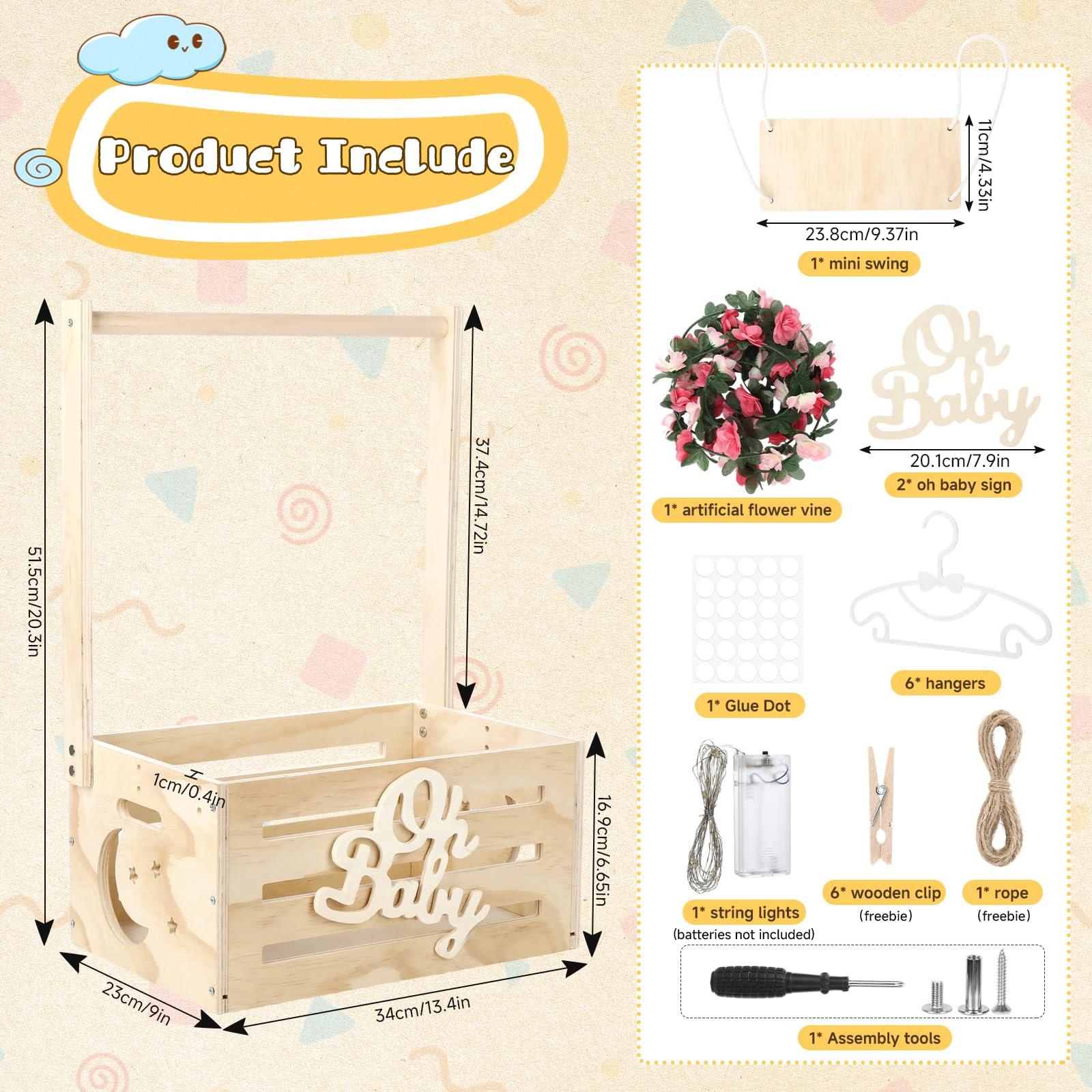 Armario de madera para baby shower, cesta de regalo personalizada para bebé con mango ajustable, incluye luces de cadena, guirnalda, 6 ganchos y 6 clips, regalo único para recién nacidos para niños y