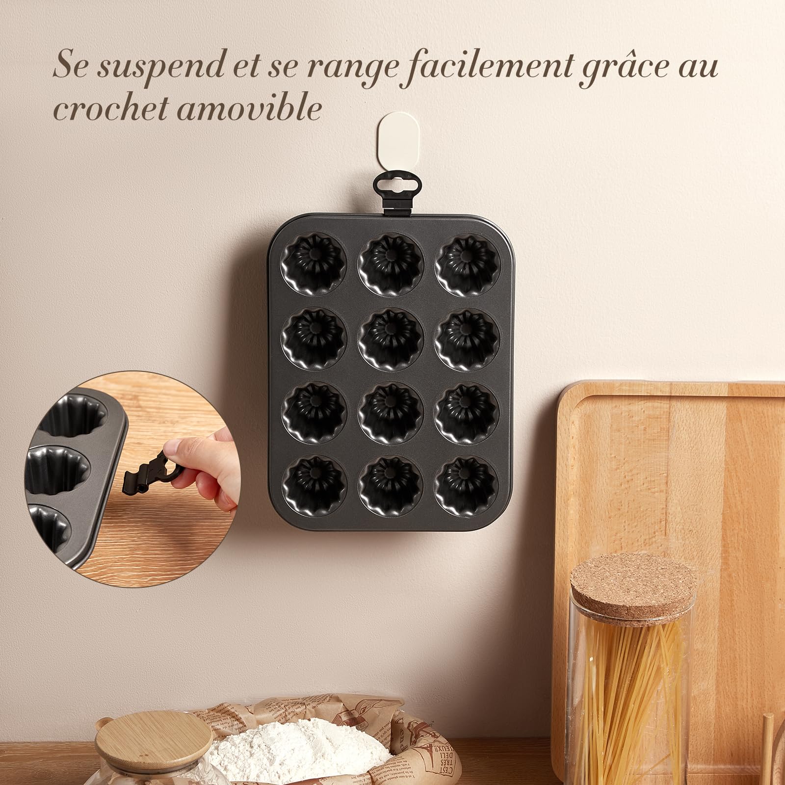 ROSSETTO Moule à Cannelés 12 Cavités en Acier Carbone – Moule à Gâteau Antiadhésif pour Four, Moule à Pâtisserie Résistant, Gris