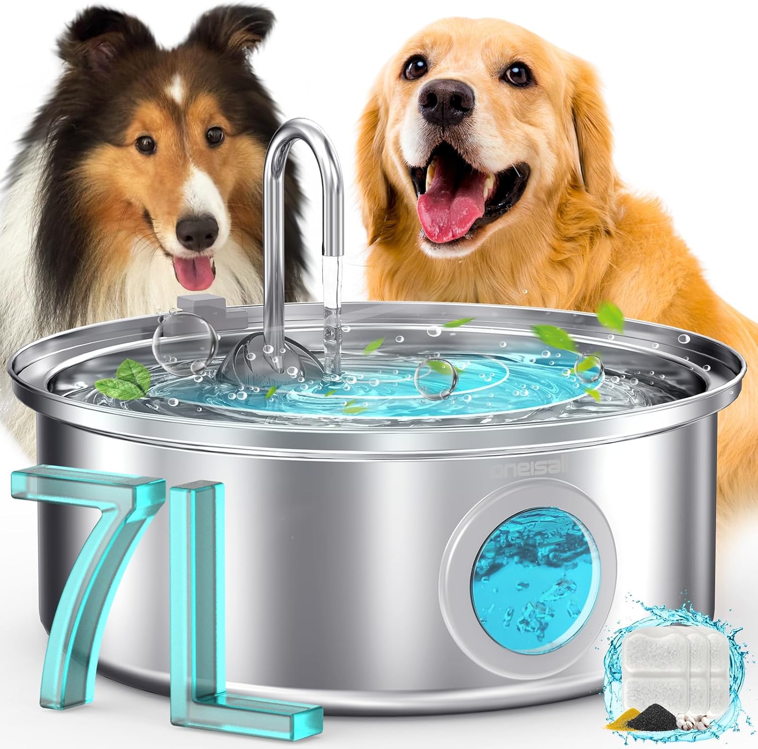 oneisall Dog Water Fountain, 7L/230oz/1.8G Quiet Dog Fountain Water Bowl, Stainless Steel Dog Water Fountain with Visual Water Level&Triple Filtration for Large Medium Small Breed Dogs Pets Upgraded Dog Fountain +3 Sets Filters