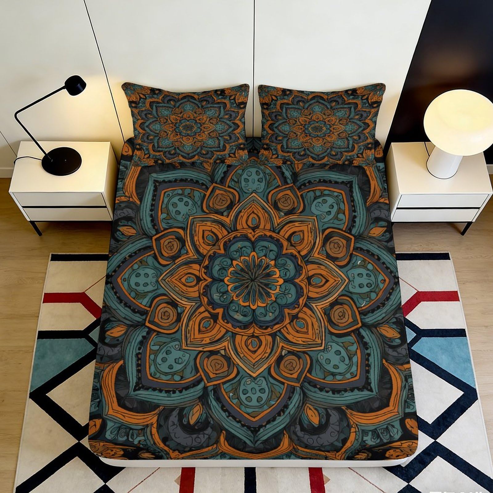Jqzkxnhpbr Style-10 3D Printed Mandala Pattern Fitted Sheet Microfiber Soft Blue Orange Boho Bed Cover For Bedroom Guest Room Decor 90X200x25cm