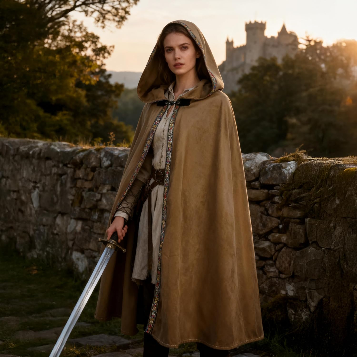 UQJE Medieval Cloak with Hood Wizard Cloak Halloween Renaissance Hooded Cape for Man and Women - Image 4