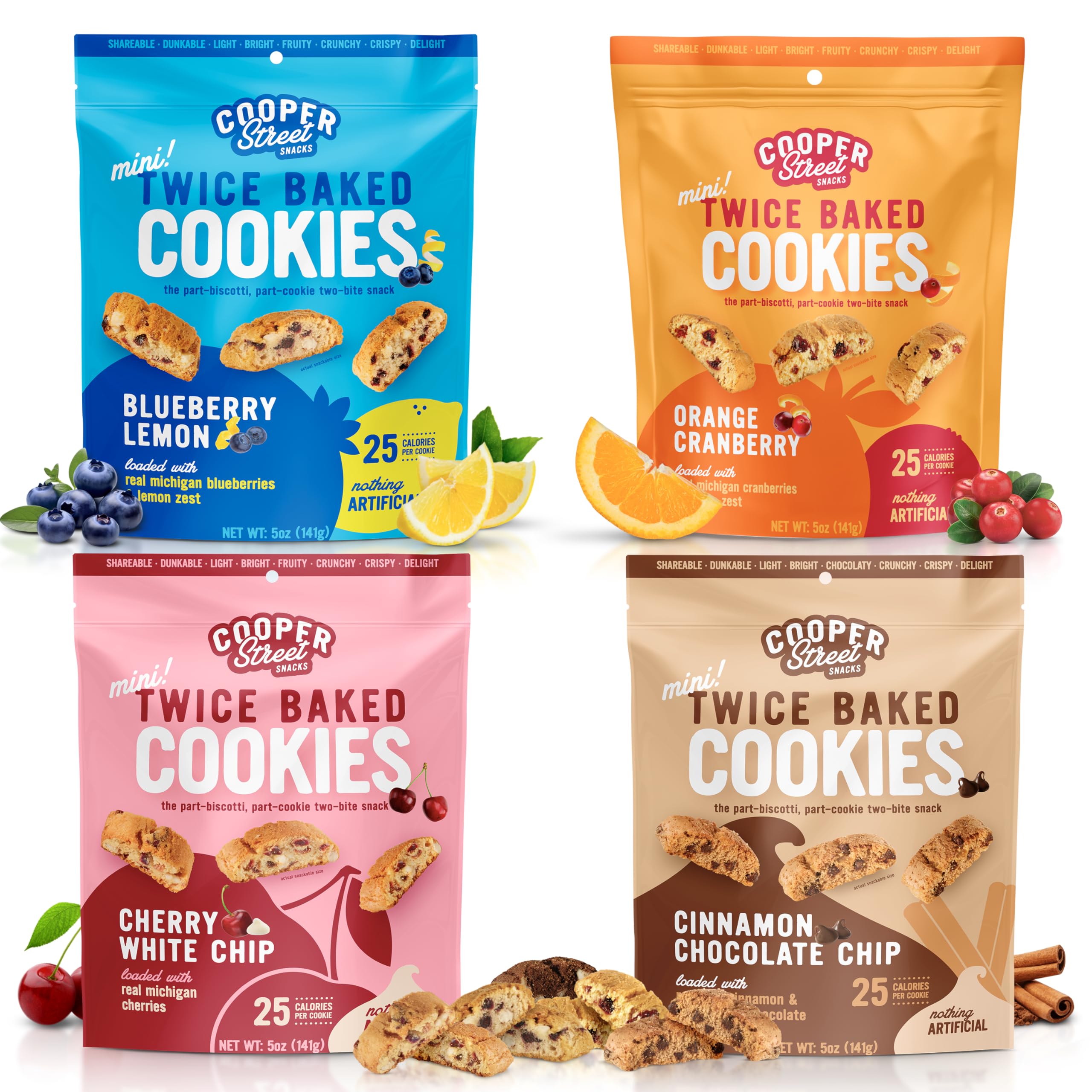 Cooper Street Cookies Twice Baked Italian Biscotti Cookies - Lemon Blueberry, Orange Cranberry, Cherry, Cinnamon Chocolate Chip Crispy Italian Biscotti Cookies - Adults & Kids Snacks Variety Pack of 4