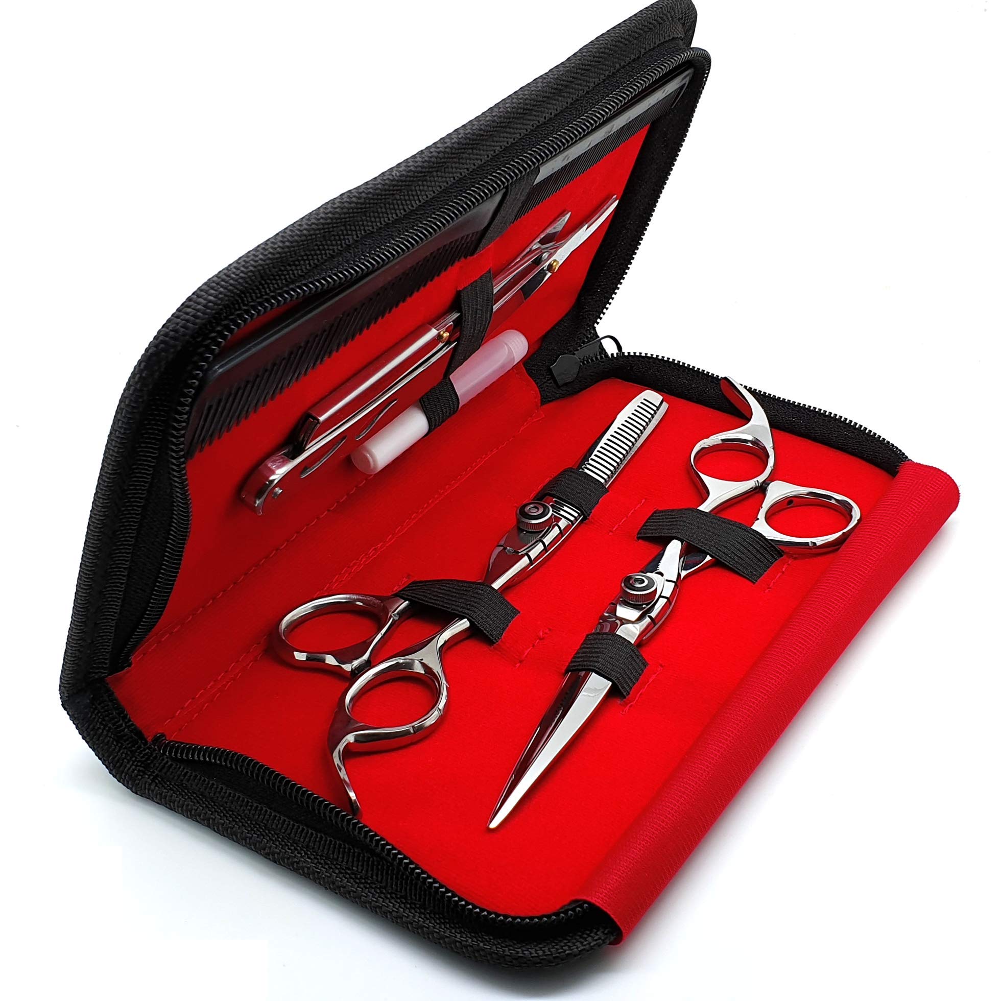 SaaqaansMSS-02 Professional Hair Cutting Scissors Set - Package includes Barber Scissor, Thinning Shear, Straight Razor, 10 x Double Edge Blades & Hair Comb in Stylish Scissors Case (Silver USA)