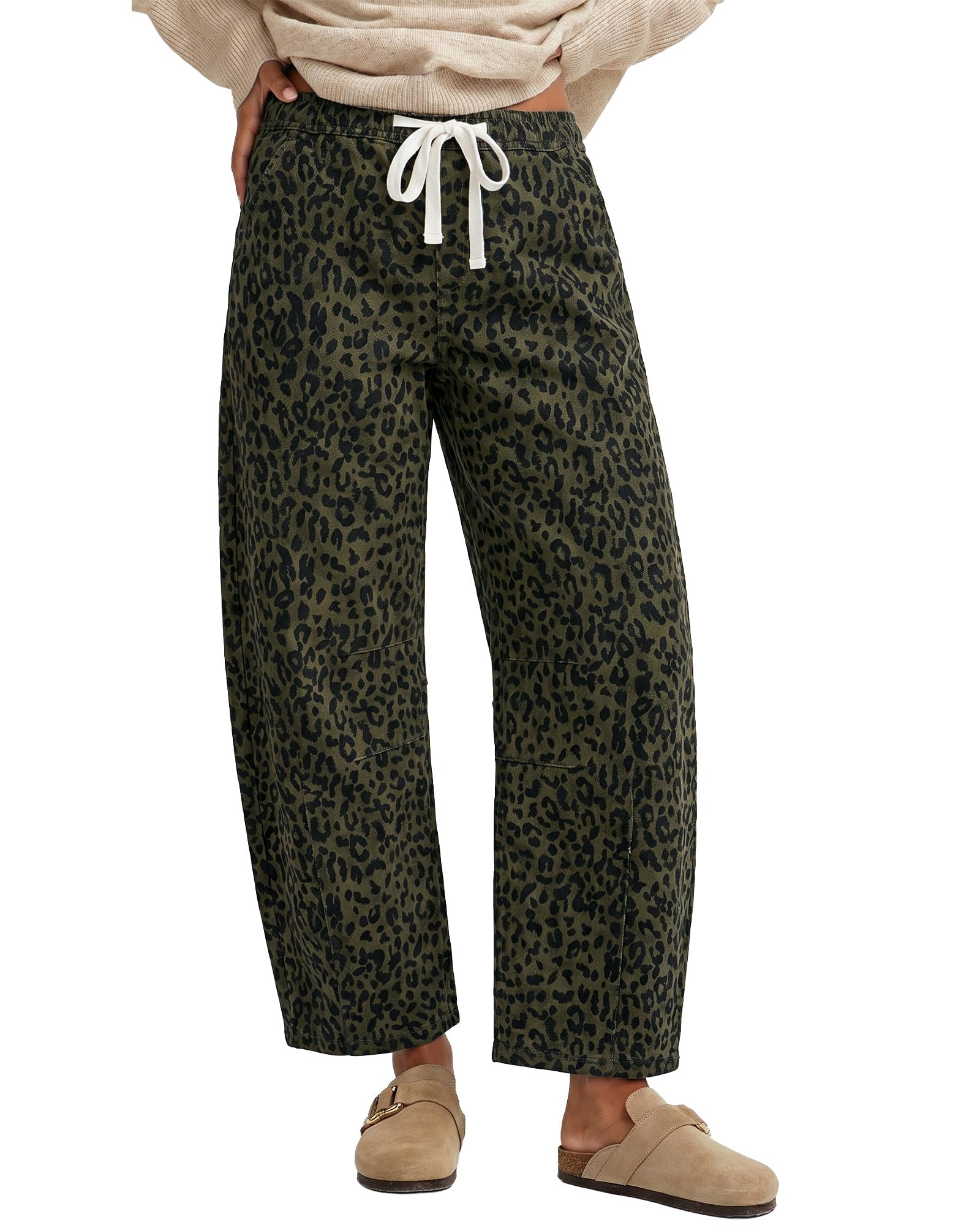 GRAPENT Barrel Jeans for Women Trendy High Waisted Pull On Wide Leg Cropped Leopard Cheetah Print Stretchy Denim Pants