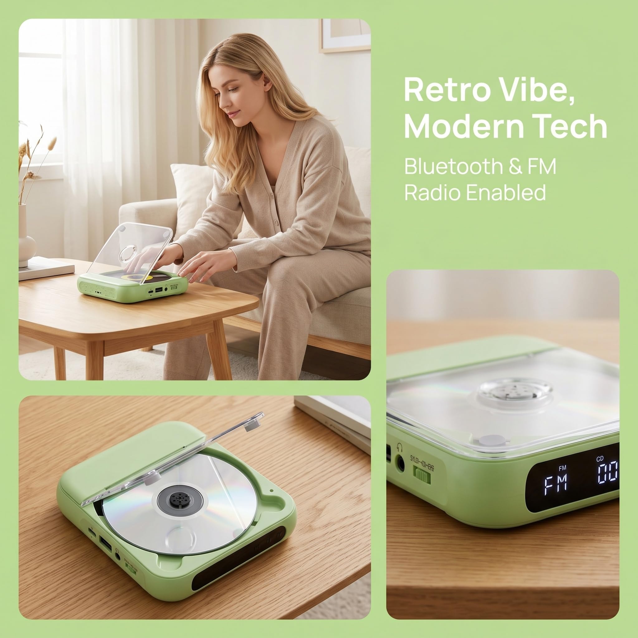 Lettore CD Bluetooth con Radio FM, Altoparlante Stereo Portatile, Display A LED, Lettore Musicale Montabile A Parete per Casa E Viaggi.