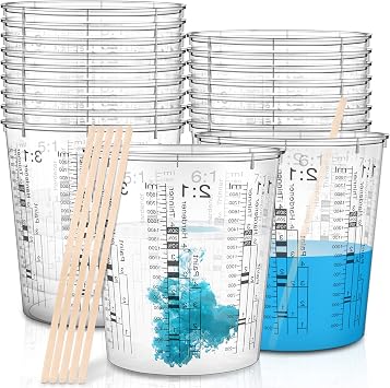 24 Pcs 64 oz 1800 ml Paint Measuring Cups Mixing Cups with Graduated and 20 Pcs Paint Mixing Sticks Plastic Disposable Resin Automotive Epoxy Mixing Cup for Paint Kitchen Cooking Baking