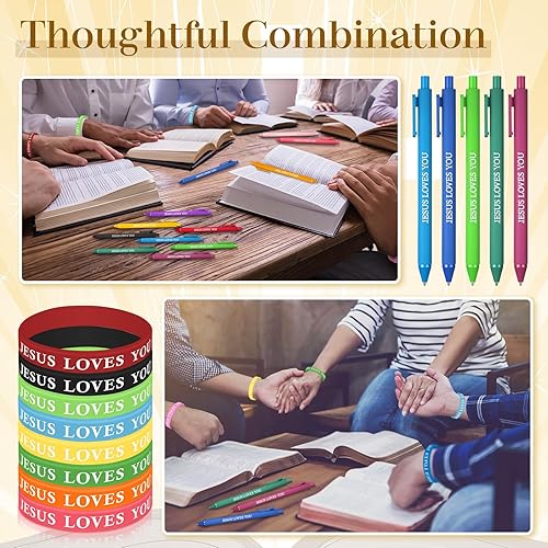 Miniatura 6 de Glenmal Juego de 24 pulseras de bolígrafos cristianos, regalos cristianos, bolígrafos de tinta negra, pulseras de goma de colores para niños,