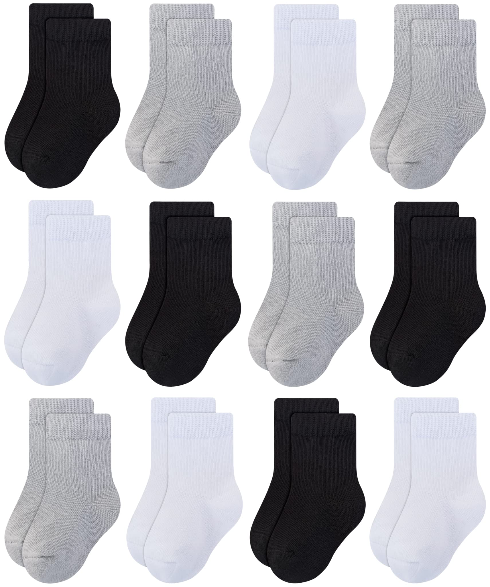 RATIVE 12-Pack Cotton Crew Socks for Unisex Baby Infant Toddler Kids Boys Girls(9-18 Months,12-pairs/4black+4white+4grey)