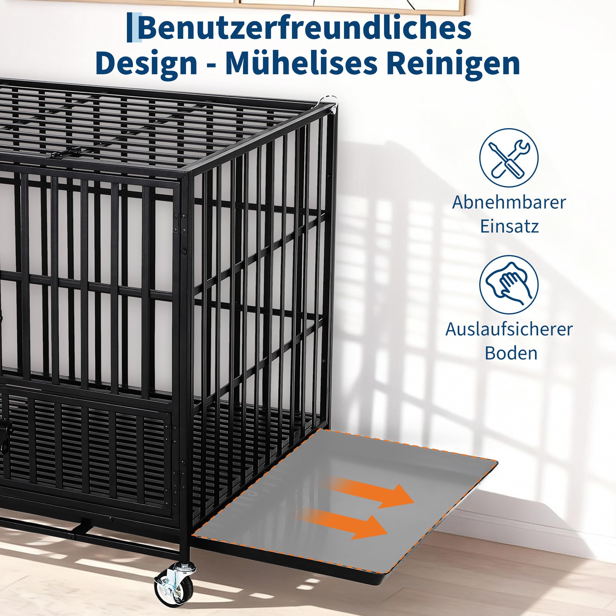 Hundekäfig Hochbelastbar Hundebox Gitterbox 125 * 80 * 92 cm für große Hunde mit Doppeltüren, 4 Verriegelbaren Rädern, Abnehmbarer Schale und Stabiler Sicherheitsverriegelung