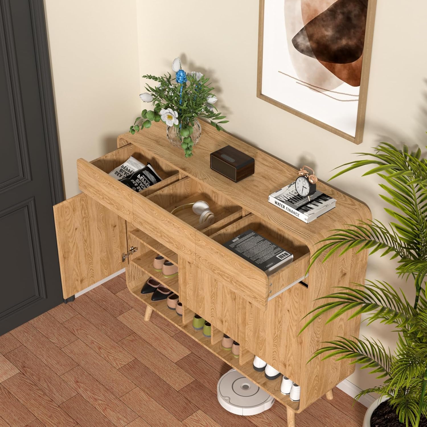 Shoe Cabinet with 3 Drawers and 4 Shelves, Entryway Storage for Shoes, Space-Saving Cabinet for Hallway, Living Room, Natural Oak Finish