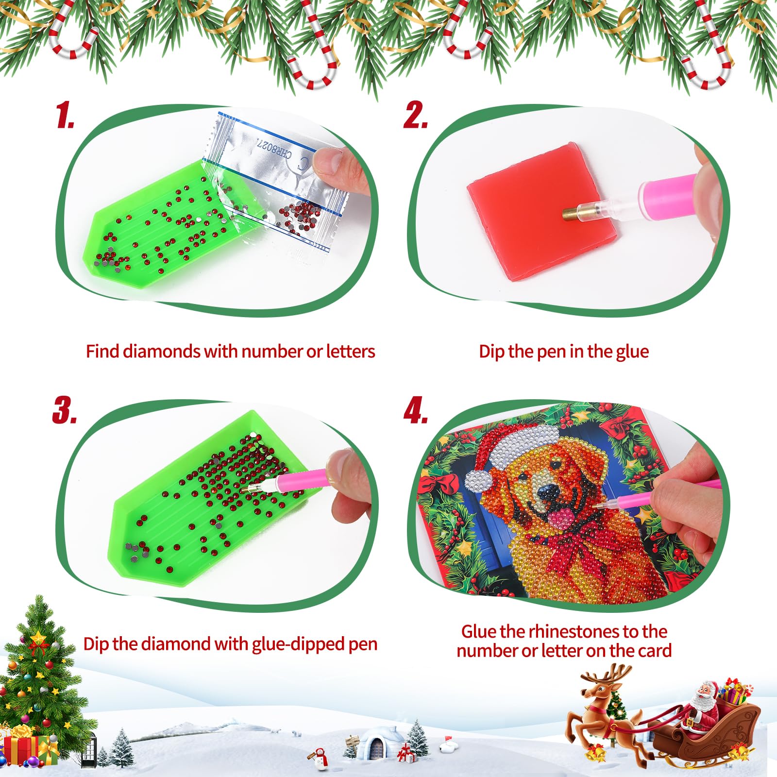 8Pcs Natale diamante pittura carte, Biglietti d'auguri natalizi 5D DIY Animale cane gatto diamante arte biglietti con buste Carte artigianali fatte a mano Regali per Festival di Natale, Capodanno