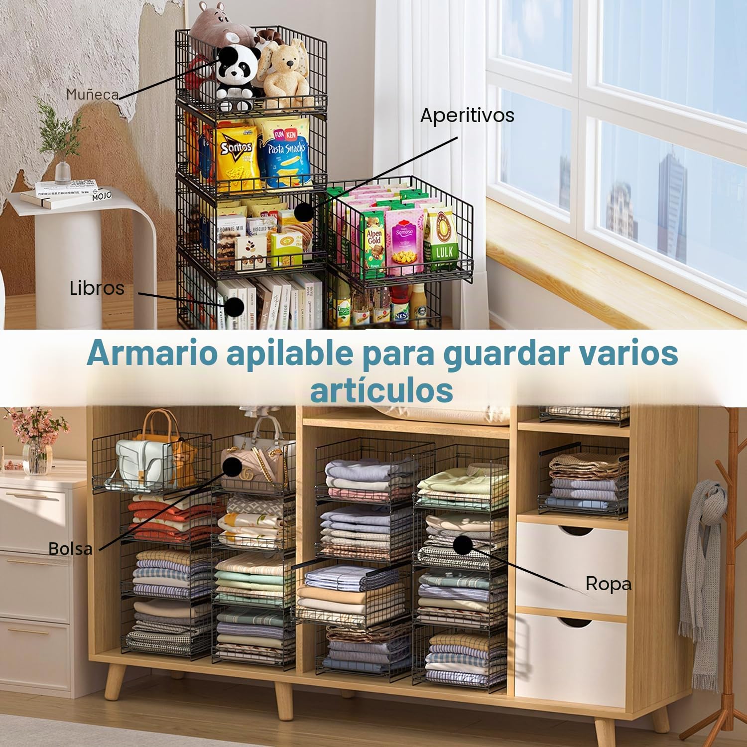 6 Piezas Cajones Extraibles para Armarios，Organizador Armario Ropa，Organizador de Estante Apilable para Armario, Estante de Cajón, Contenedor de Almacenamiento para Armario