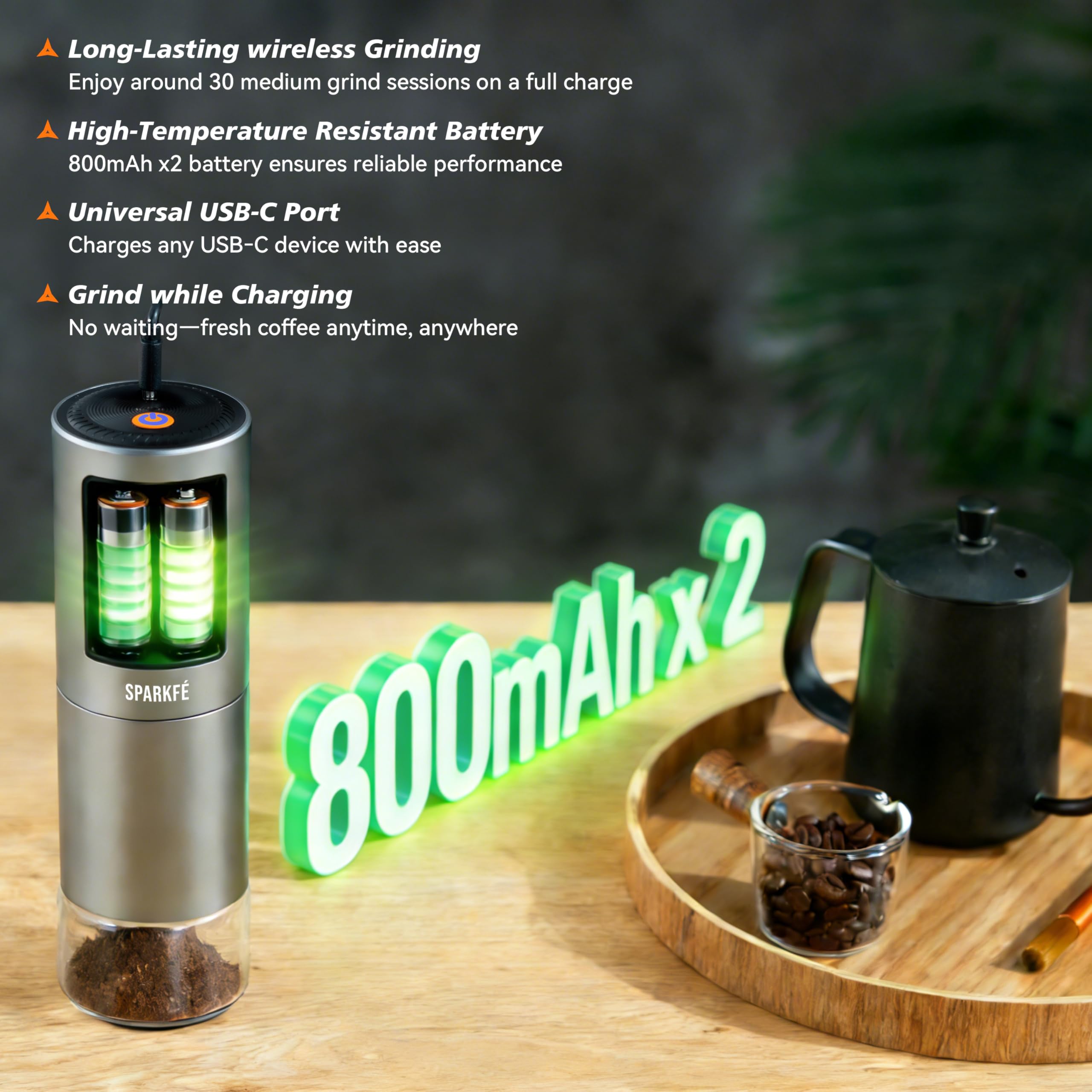 Molinillo de café eléctrico portátil, molinillo de mano recargable con rebaba cónica de acero inoxidable, ajustes de molienda ajustables, para espresso, moka, vertido, prensa francesa