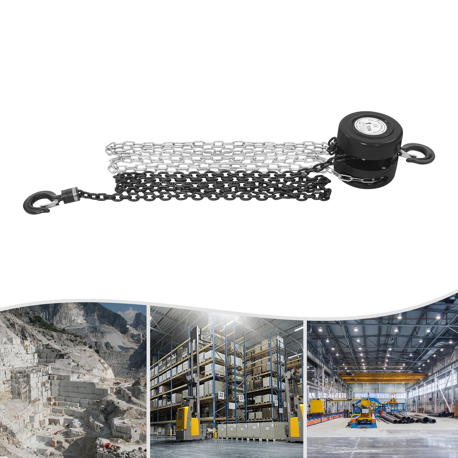 Paranco a catena 1T/2T con catena in acciaio lunga 3 m, robusto cavo con gancio girevole a 360° e blocco di ritorno (nero, 1T)