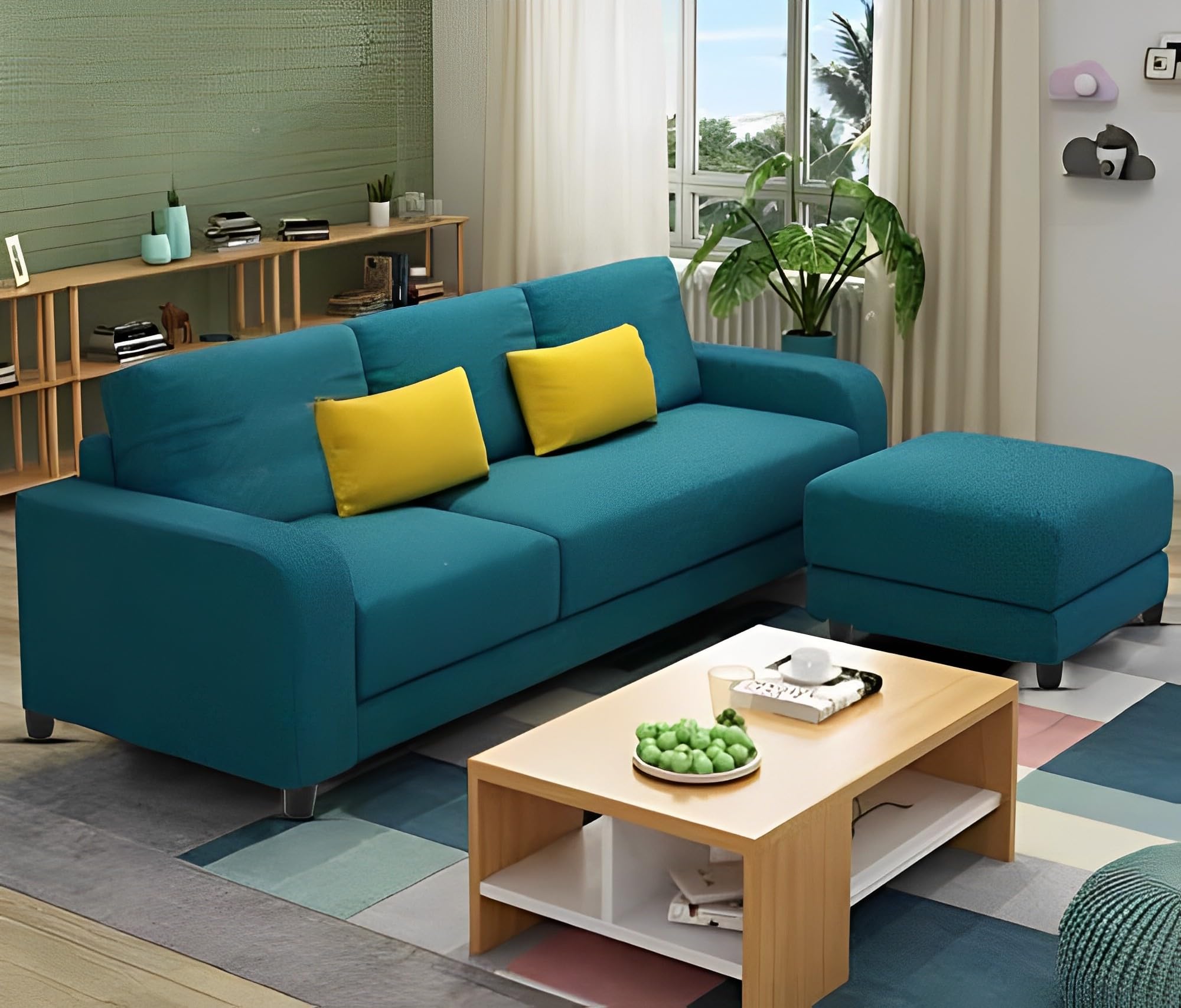 Casaliving - Francis 3 Seater with Ottman Sofa Set for Living Room (Green Fabric)