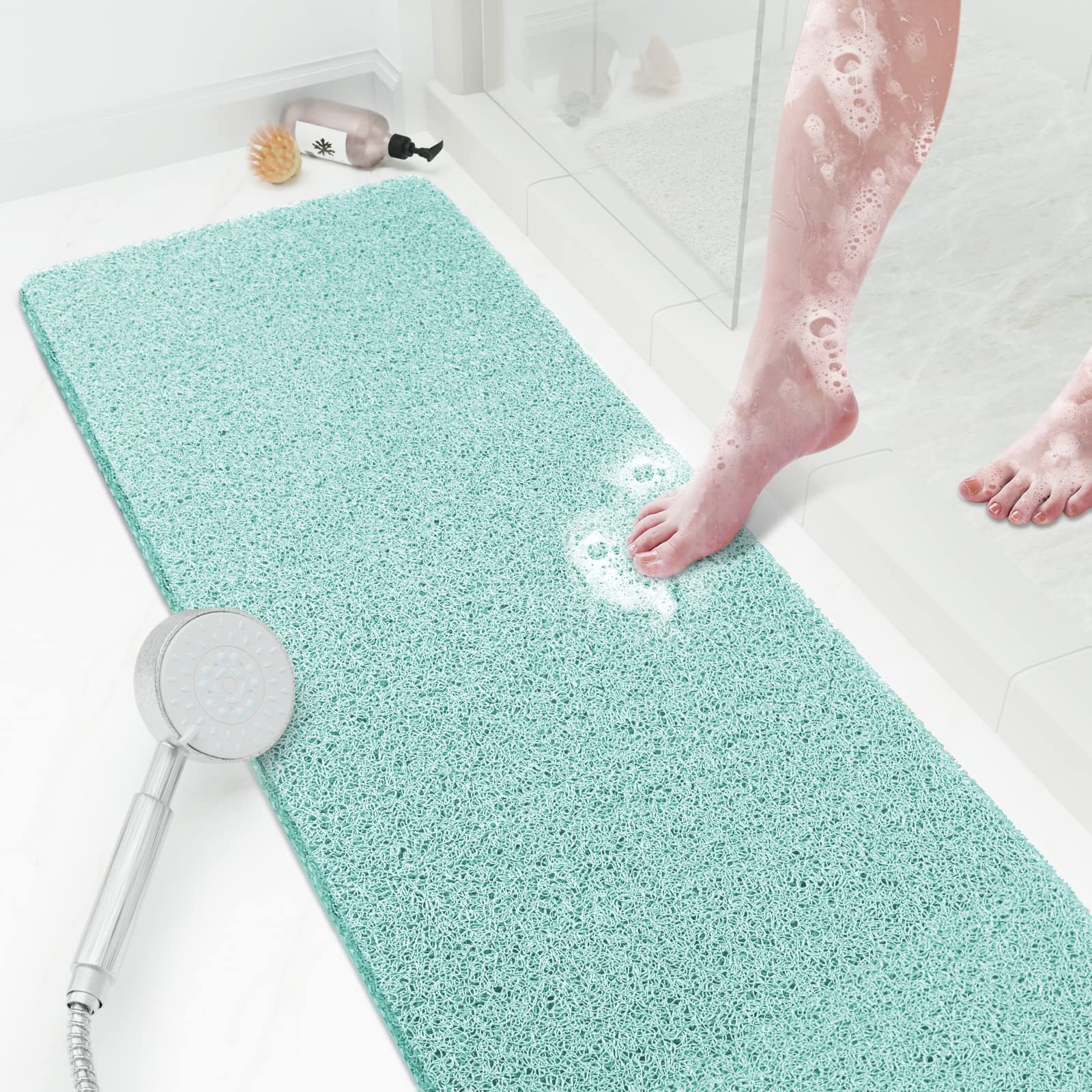 Duschmatte, Badewannenmatte, rutschfest, 119,4 x 40,6 cm, weiche Badewannenmatte mit Ablauf, PVC-Luffa-Badematte (phthalatfrei) für Badewanne und Badezimmer, schnell trocknend, grün