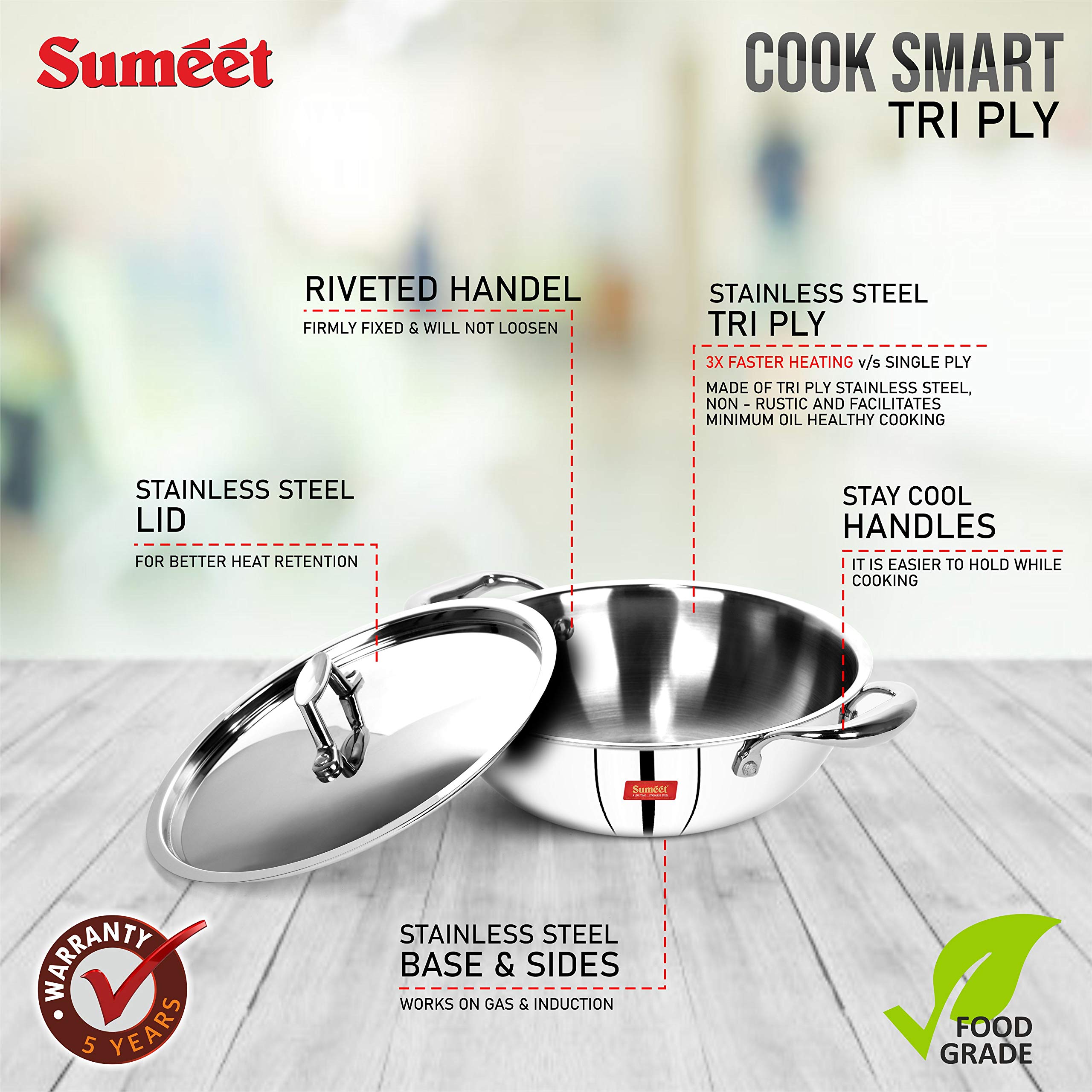 Sumeet Cook Smart TriPly Kadhai - 2.5L -6 Sumeet Cook Smart TriPly Kadhai - 2.5L -6