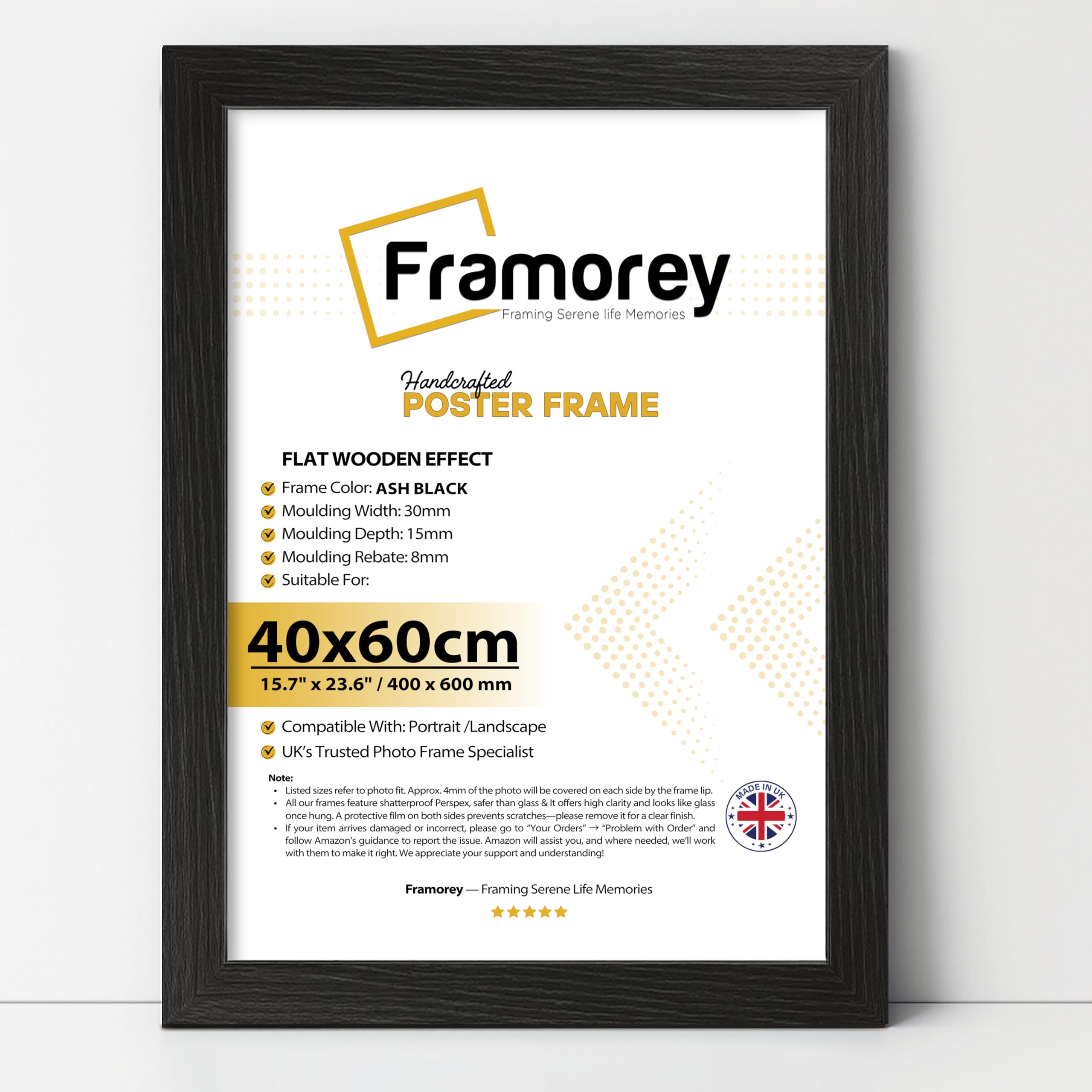 Framorey Framing Serene Life Memories Black Framorey 60X40cm Photo Frame In Clear Shatterproof Styrene & Wall Mounting - 40X60 Cm Picture Frames - 600X400mm Wooden Effect Poster Frame -Wall Hanging Photo Frame