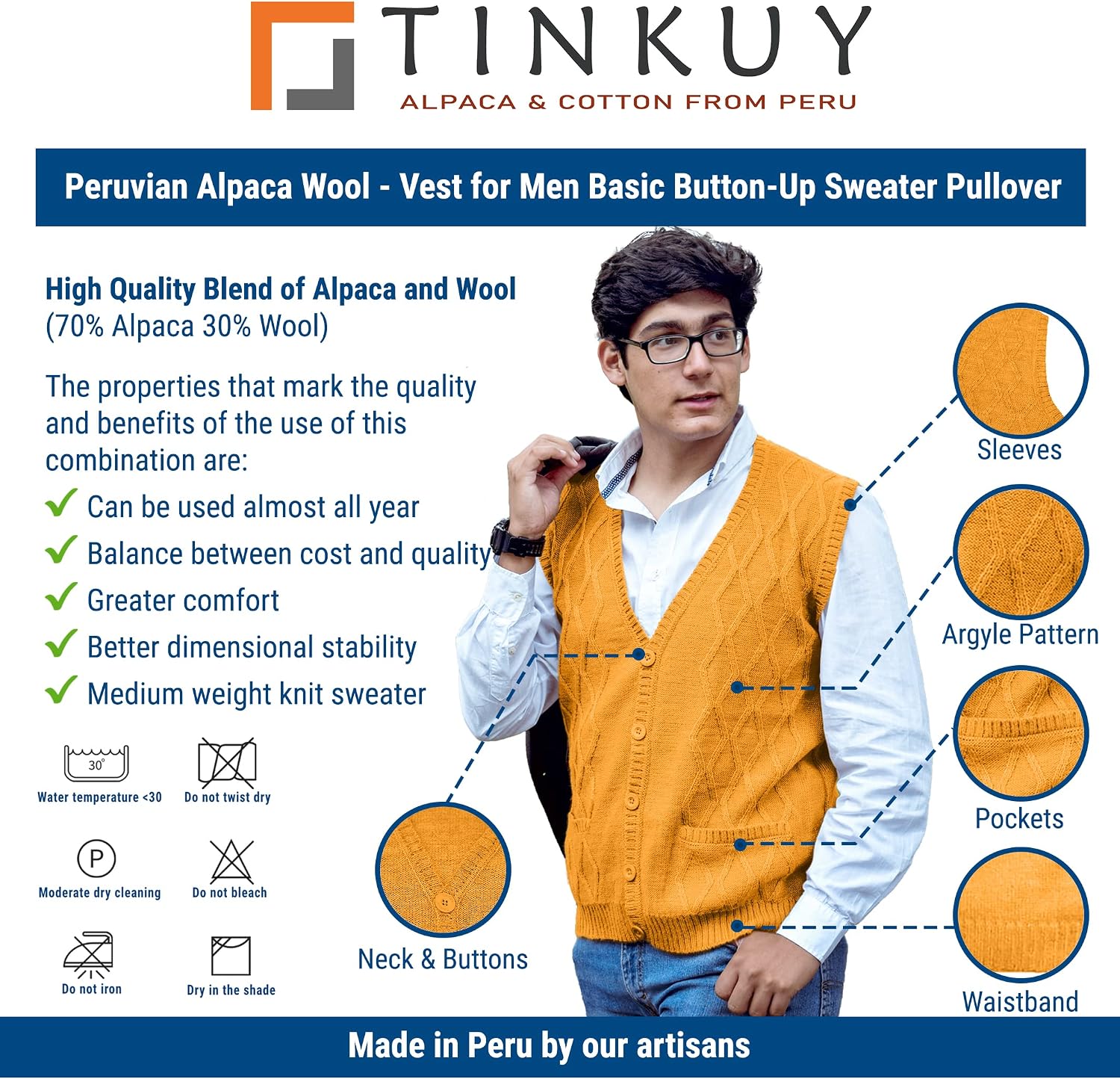 TINKUY Peru Men’s Alpaca Wool V Neck Argyle Cardigan Vest, S-4XL
