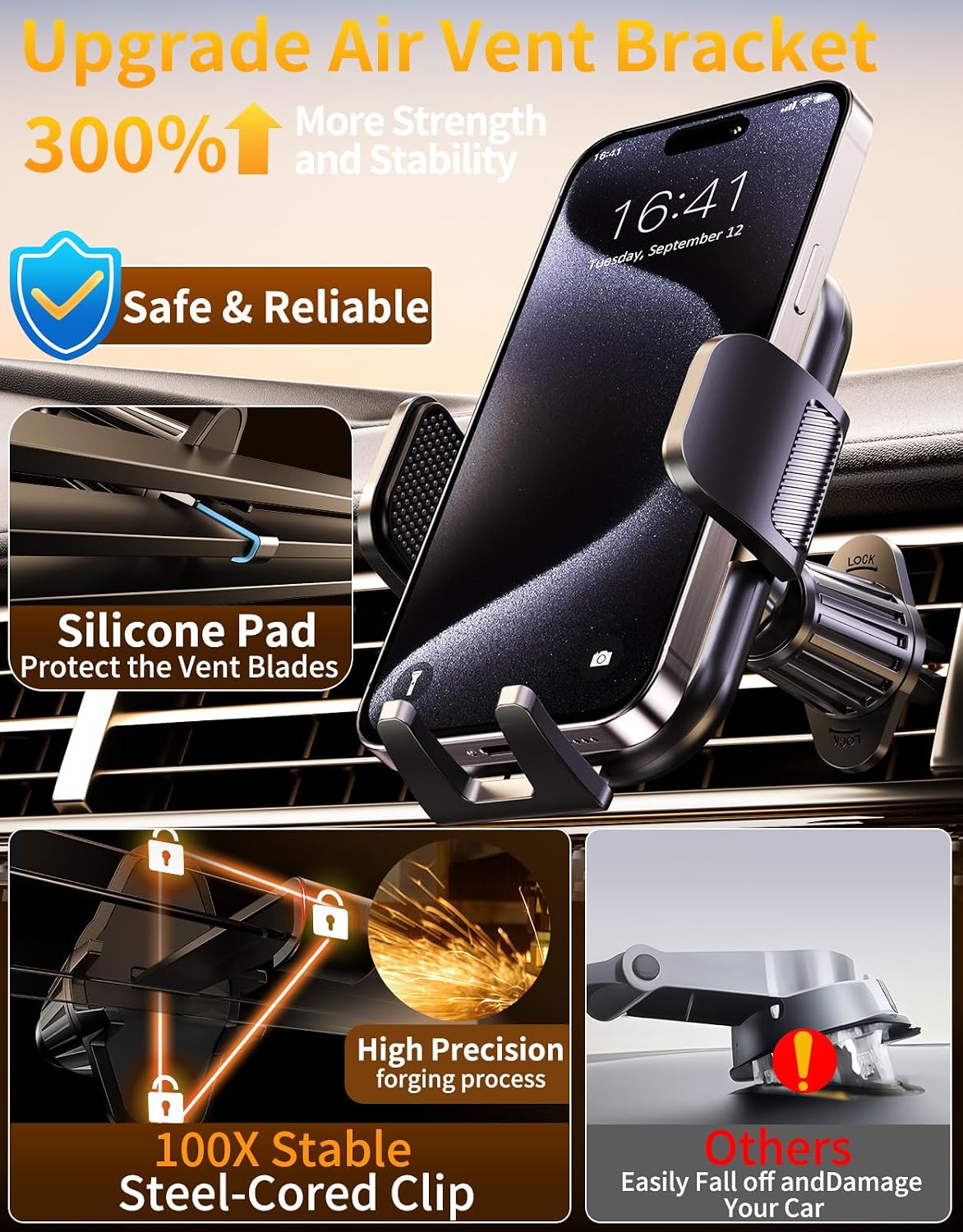 Upgraded Car Phone Holder, Metal Hook Clip Car Vent Phone Mount, Hands-Free Vent Phone Holders for your car, Compatible with iPhone series, Android and all smartphones, Equipped with cable manager