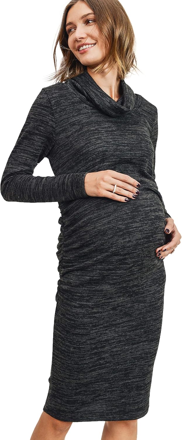 HELLO MIZ Women's Sweater Knit Maternity Dress - Cowl Neck, Long Sleeve (Black, M)