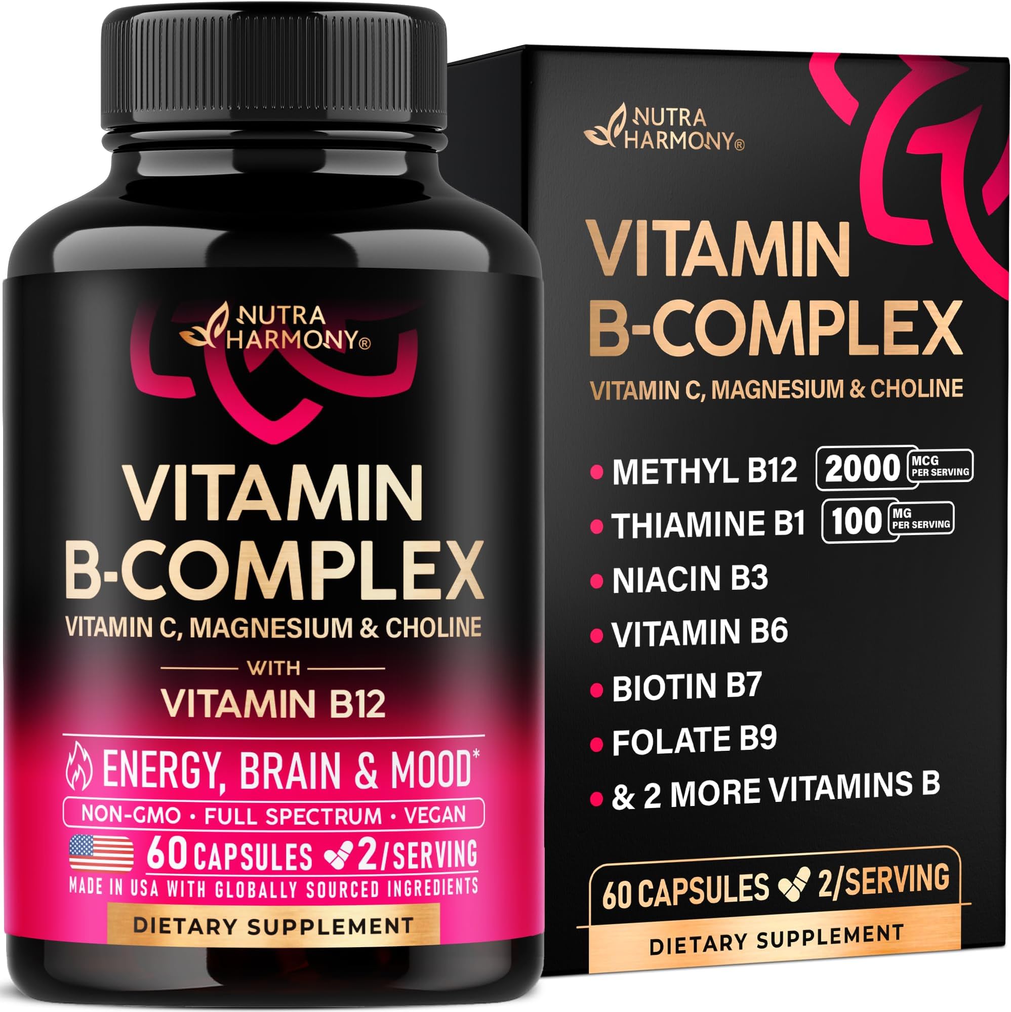 Vitamin B Complex for Men & Women - Riboflavin B2, B12, B1, B3, B5, B6, B7, B8, B9 | Vitamin C, Choline, Inositol - B-Complex Supplement - Energy, Brain & Heart Support - Made in USA, 60 Vegan Caps