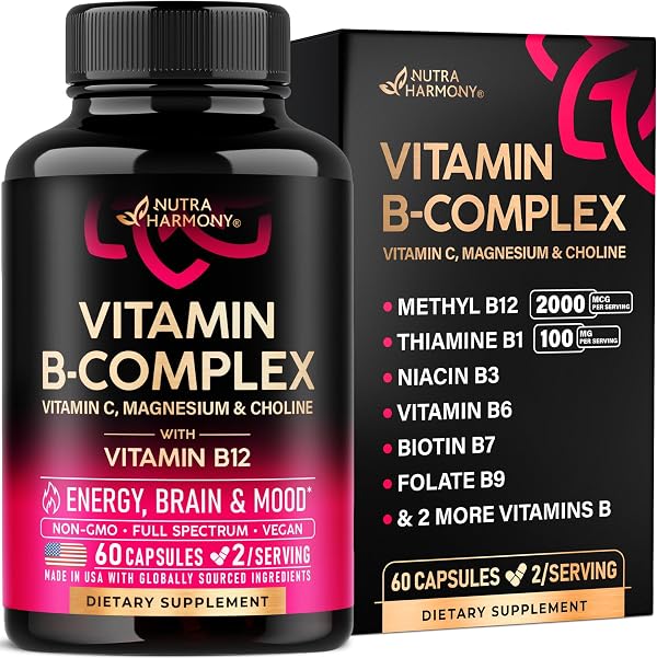 Vitamin B Complex for Men & Women - Riboflavin B2, B12, B1, B3, B5, B6, B7, B8, B9 | Vitamin C, Choline, Inositol | B-Complex Supplement | Energy, Brain & Heart Support | Lab Tested | 60 Vegan Capules