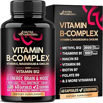 Vitamin B Complex for Men & Women - Riboflavin B2, B12, B1, B3, B5, B6, B7, B8, B9 | Vitamin C, Choline, Inositol | B-Complex Supplement | Energy, Brain & Heart Support | Lab Tested | 60 Vegan Capules