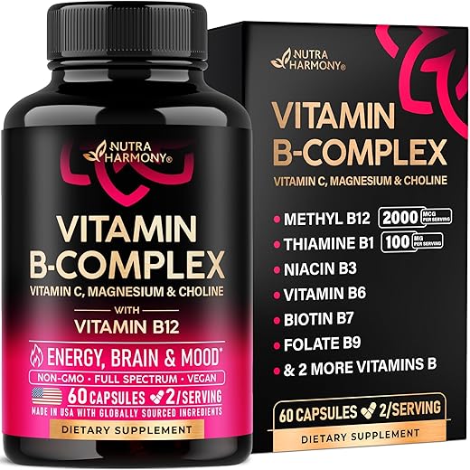 Vitamin B Complex for Men & Women - Riboflavin B2, B12, B1, B3, B5, B6, B7, B8, B9 | Vitamin C, Choline, Inositol - B-Complex Supplement - Energy, Brain & Heart Support - Made in USA, 60 Vegan Caps