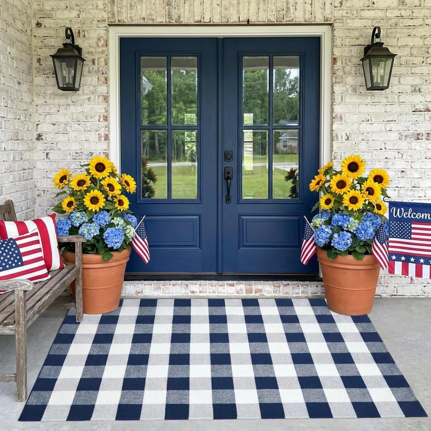  Buffalo Plaid Rug 4' x 6' Navy Blue and White Large Front Door Mat, Layering Area Rug, Washable Rug for Outdoor Patio Entryway Indoor Living Room Kitchen Dining Room Decor thumbnail