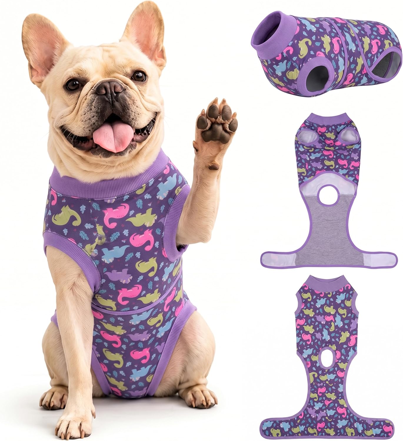 PetWarm Dog Post Surgery Suit Spay, Pet Recovery Suit for Dogs, Onesies for Dogs, Substitute E-Collar and Cone, Anti-Licking Dog Onesie for Surgery Female, Dinosaur Pattern, Purple, XS