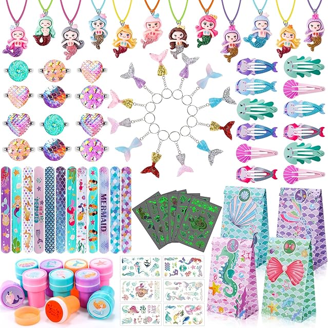 94Pcs Mermaid Party Bag Fillers Girls Mermaid Birthday Party Favours Slap Bracelets Neckle Keychain Rings Hairpin Stamp Seal Luminous Stickers Paper Candy Bag for Kids Little Mermaid Party Supplies