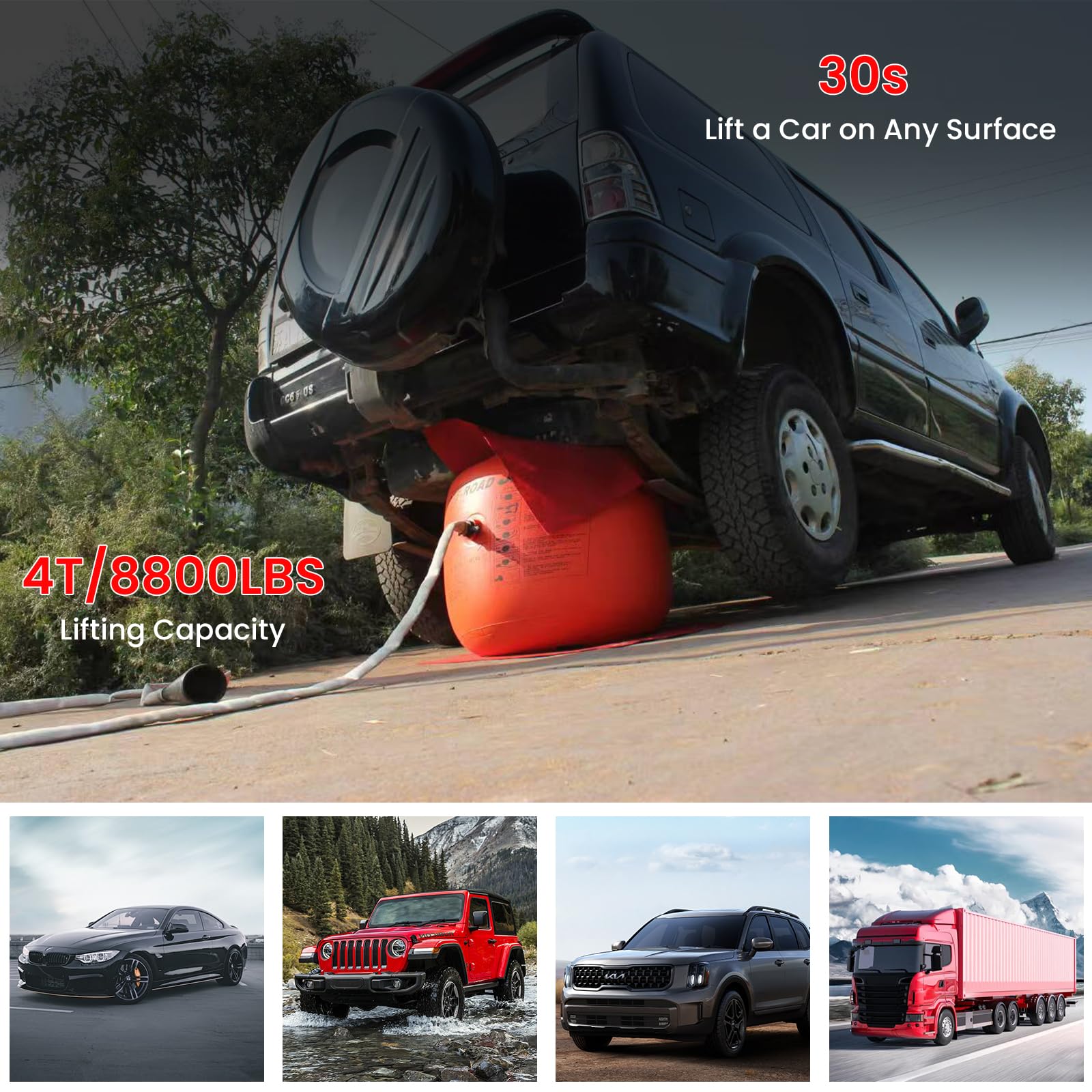 Pneumatischer Wagenheber 4 t, 8800 lbs, Schnellhub bis 80 cm, Doppelsystem (Abgas & Luftkompressor), Faltbar & Tragbar, Hebebühne Auto für SUVs, LKW und Geländewagen – Sicher und Zuverlässig